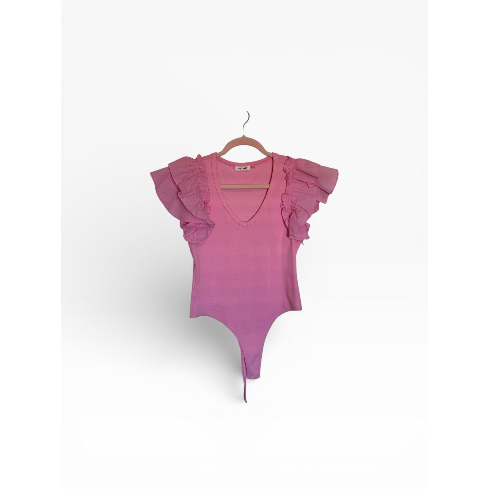 Other Day+Moon Solid Pink Short Sleeve Ruffle V-Neck Bodysuit Size M / US 6-8 / IT 42-44 - 5 Thumbnail