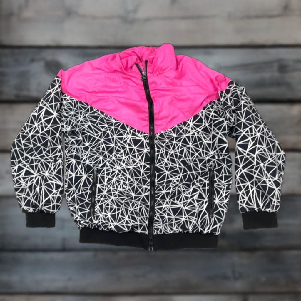 Pinko VINTAGE Abstract Pink Black Geometric Print Full-Zip Hooded Windbreaker Jacket 90s L-XL Size L / US 10 / IT 46 - 1 Thumbnail