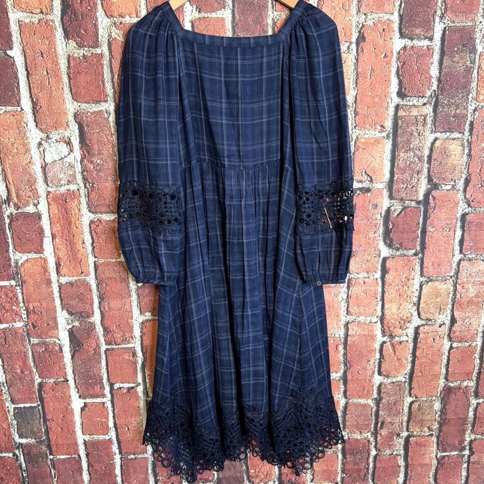 Anthropologie Akemi + Kin Anthropologie Navy Blue Plaid Lace Peasant Midi Dress Sz 0 Size XS / US 0-2 / IT 36-38 - 3 Thumbnail