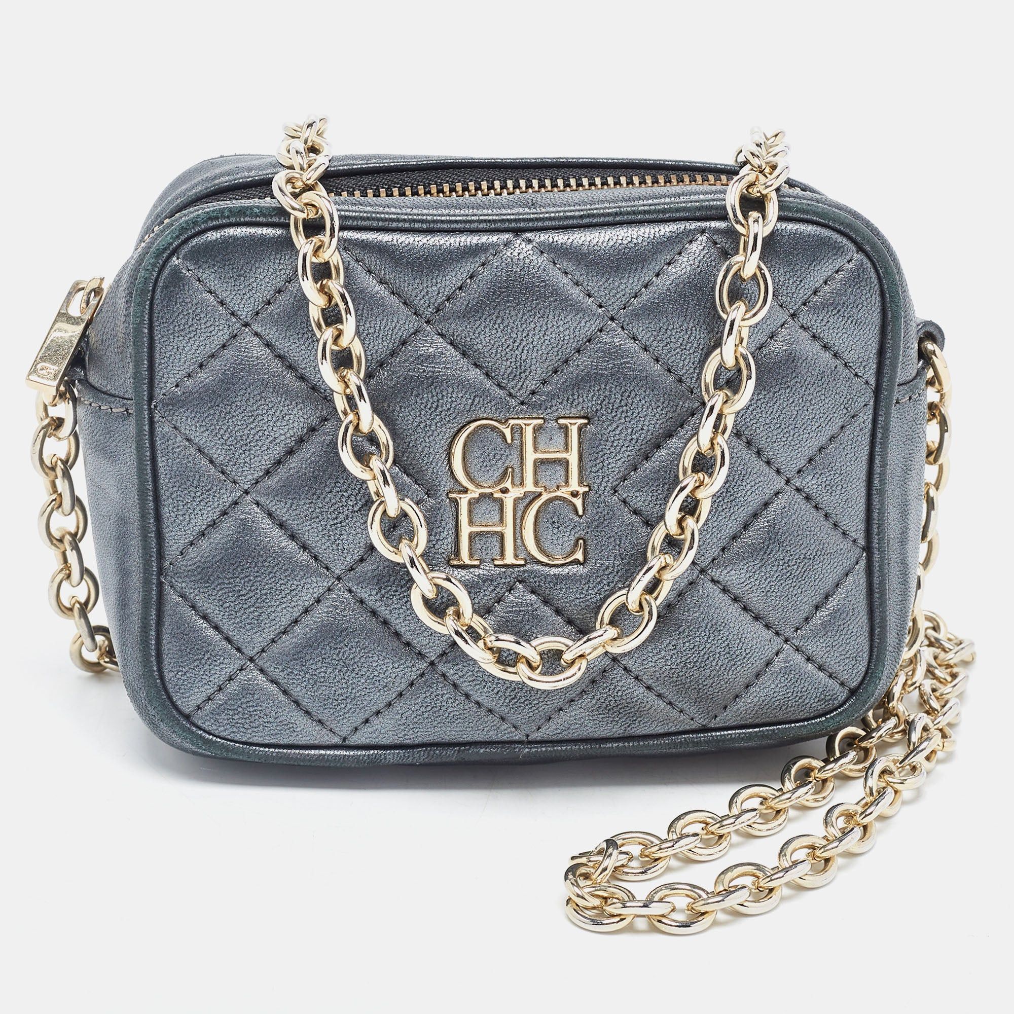 Carolina Herrera CAROLINA HERRERA Metallic Quilted Leather Camera Chain