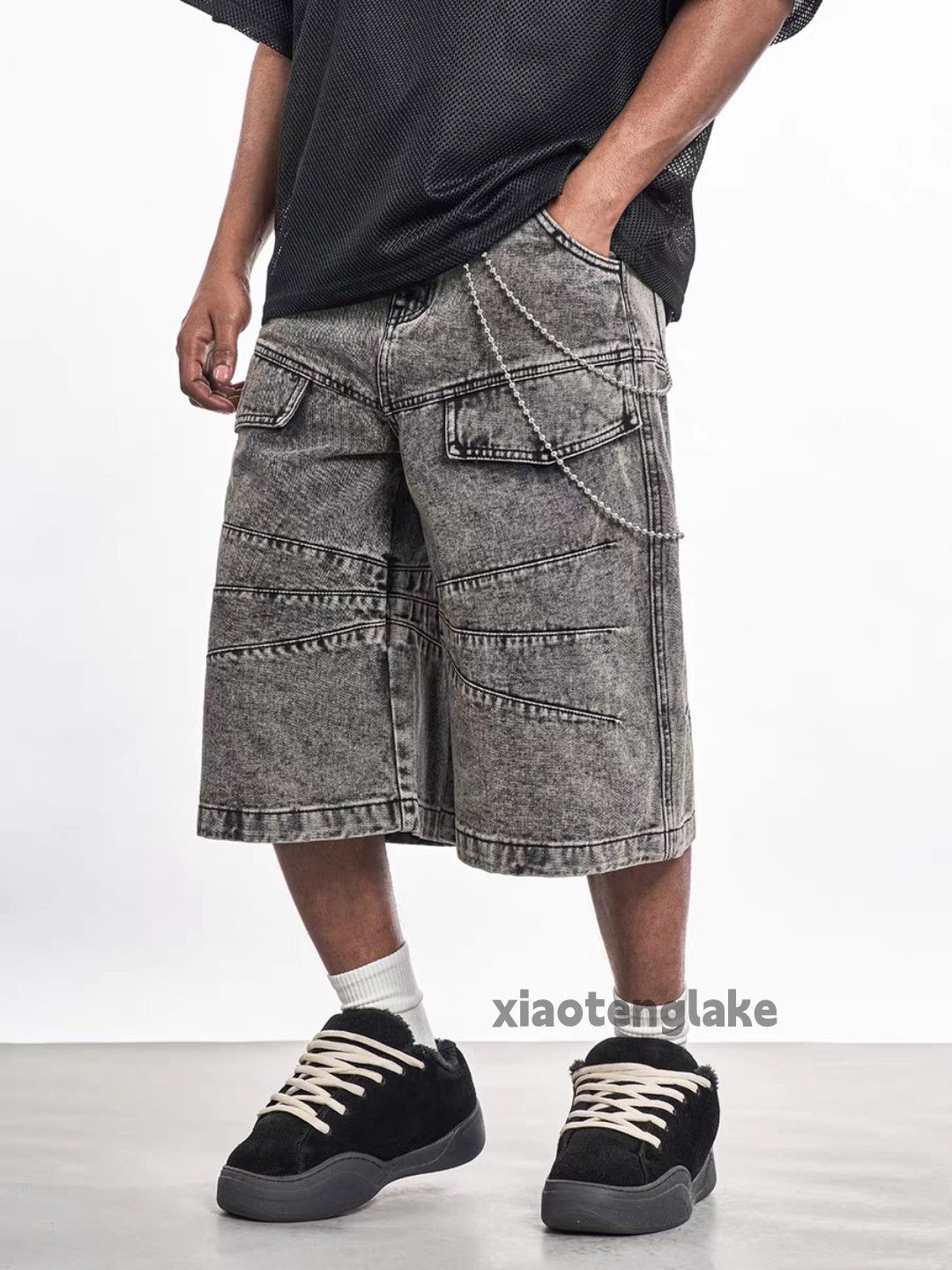Designer Unisex washed faded loose baggy punk grunge shorts Size US 35 - 1 Thumbnail