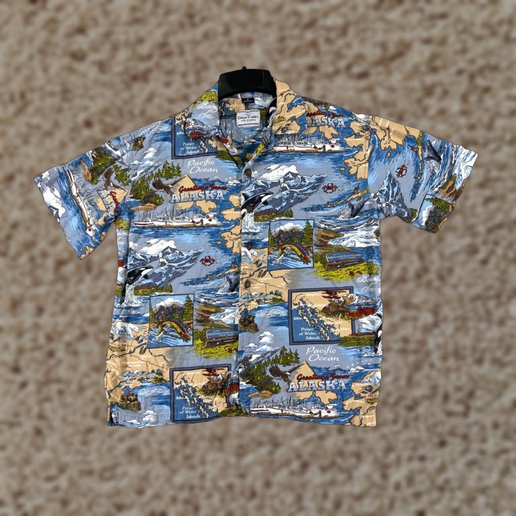 Vintage David Carey Shirt Men Adult Medium Blue Solid Button-Up Casual Travel 90s Art Hawaiian Cotton Rayon Size US M / EU 48-50 / 2 - 1 Thumbnail