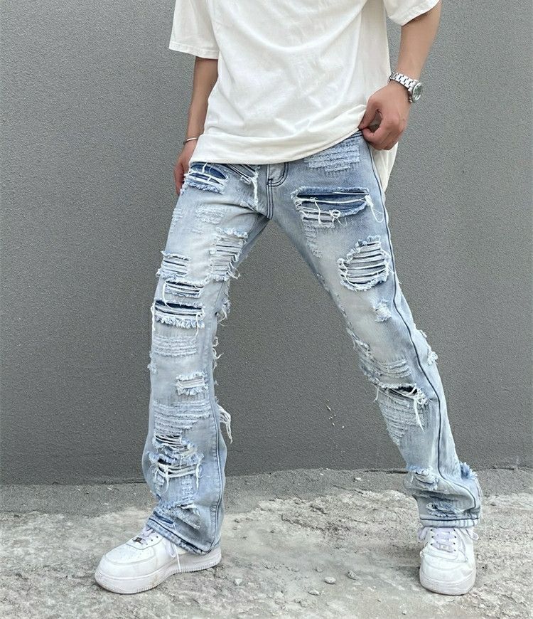 washed faded flared punk damaged jeans
