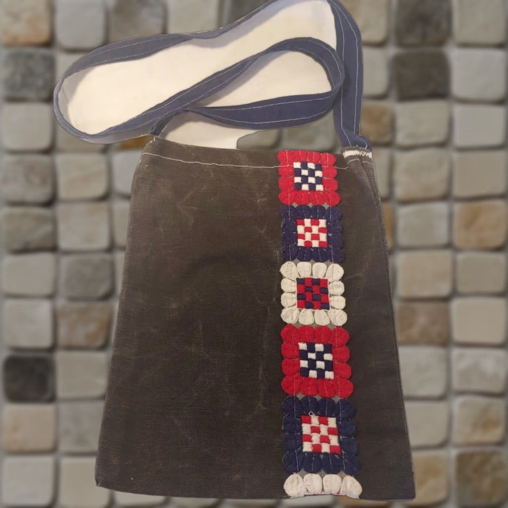 Vintage VINTAGE Handmade Gray Canvas Purse Boho Shoulder Bag 10x7.25" Adult Women Bag Navy Strap Retro Trim Size ONE SIZE - 1 Thumbnail