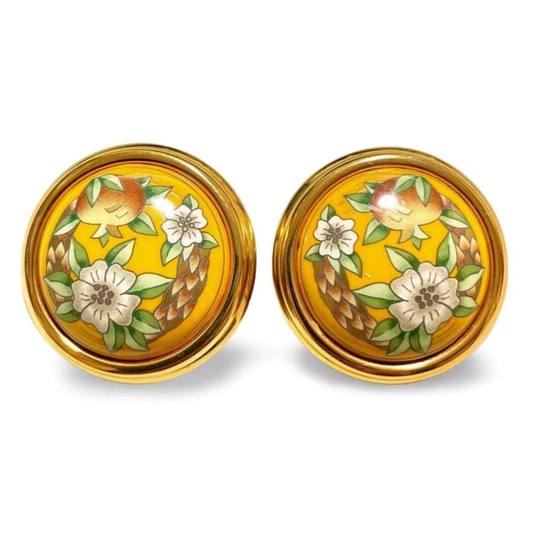 image of Vintage Hermes Cloisonne Enamel Yellow Earrings. Flower in Gold, Women's