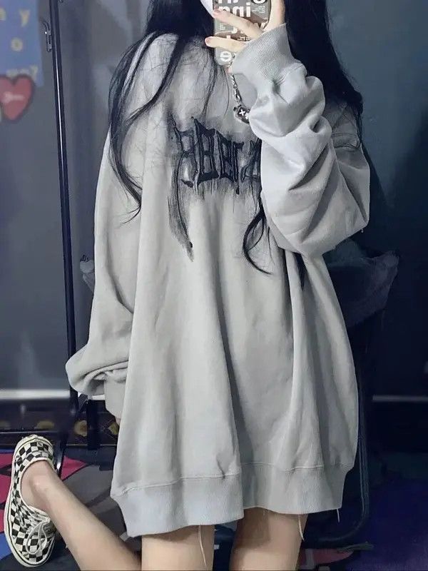 image of Vintage Letter Print Hoodies Women Harajuku Grunge in Grey