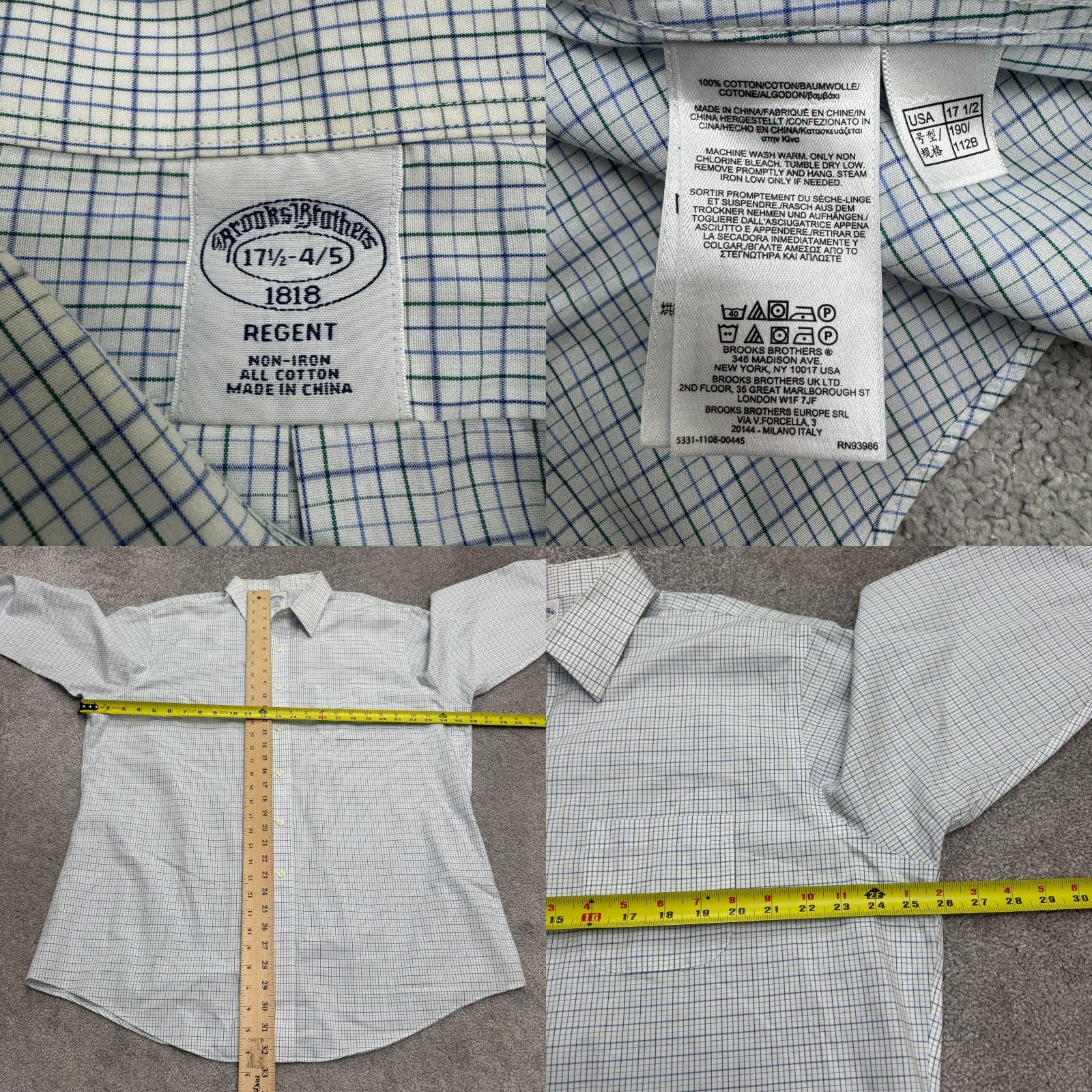 Brooks Brothers Brooks Brothers 1818 Dress Shirt Mens 17.5 Regular Blue Green Check Non-Iron Button-Down Collar 52in Chest Long Sleeve Size 46R - 8 Thumbnail
