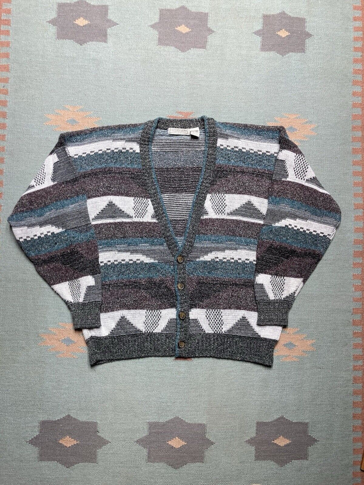 Vintage VTG knit cardigan sweater acrylic blend geometric striped XL Size US XL / EU 56 / 4 - 1 Thumbnail