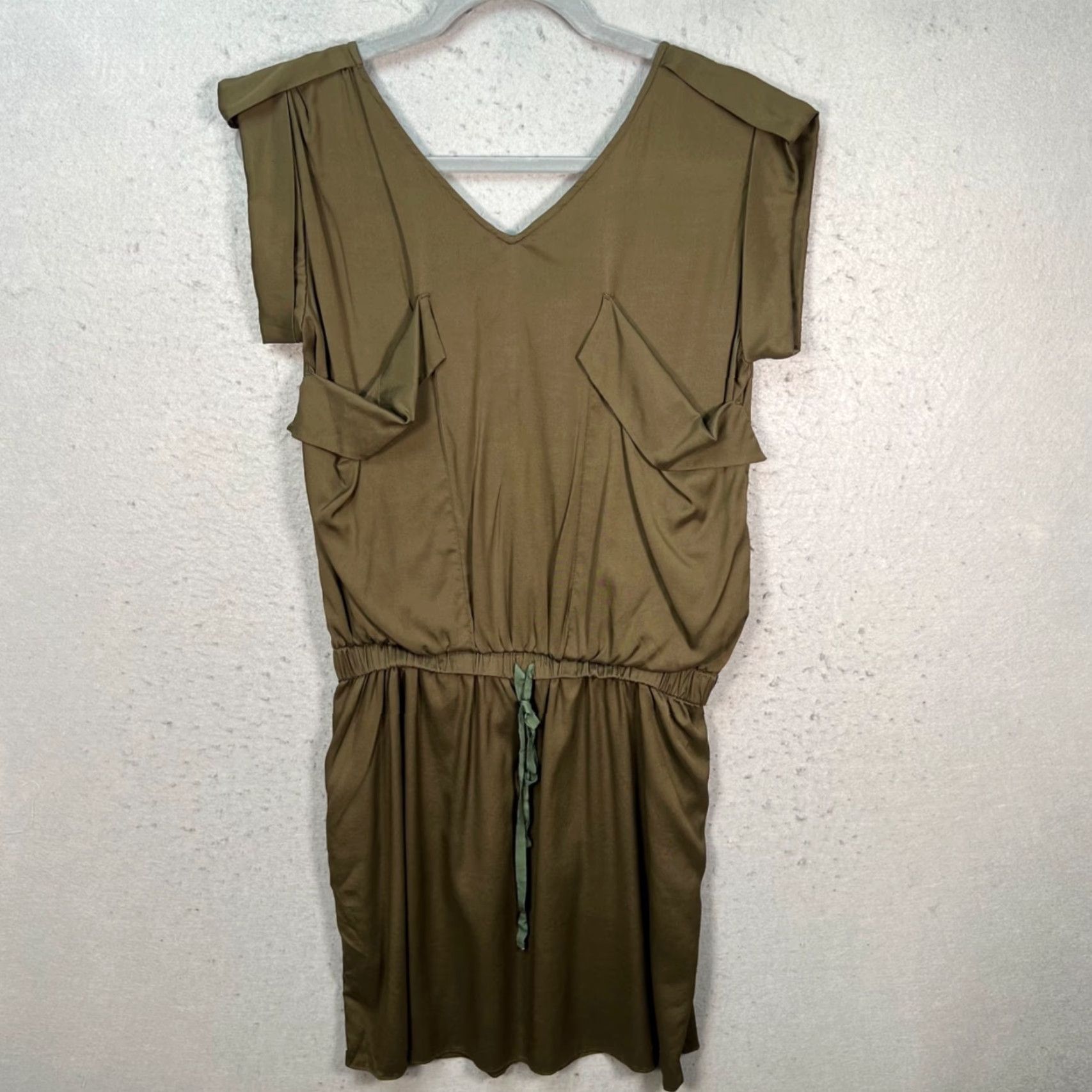 Vintage Calypso St. Barth Womens Small Olive Green Silk-Blend Dress w/ Drawstring Waist Size S / US 4 / IT 40 - 2 Thumbnail