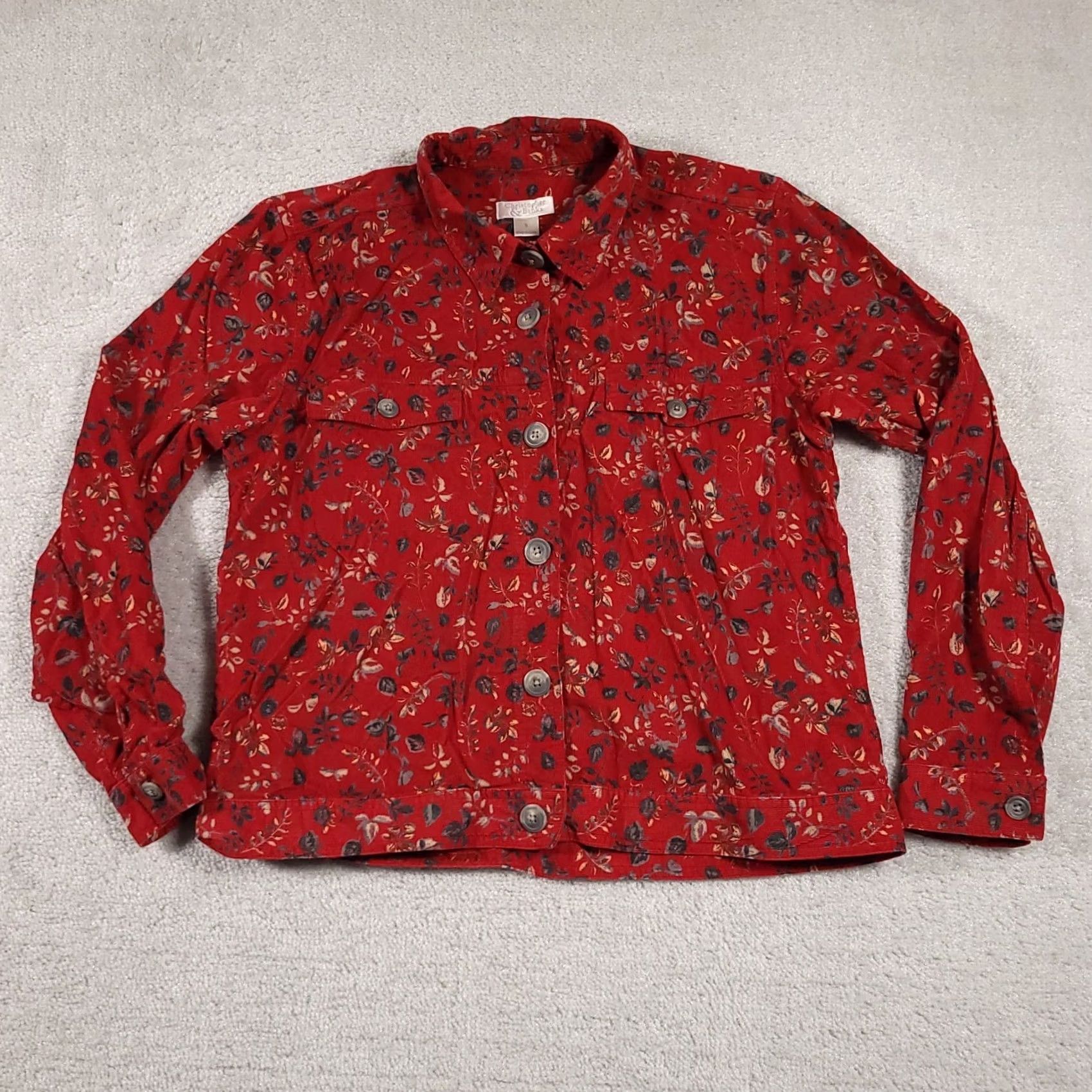 Vintage Christopher & Banks Corduroy Jacket Women’s Small Red Floral Crop Jacket Size S / US 4 / IT 40 - 2 Thumbnail