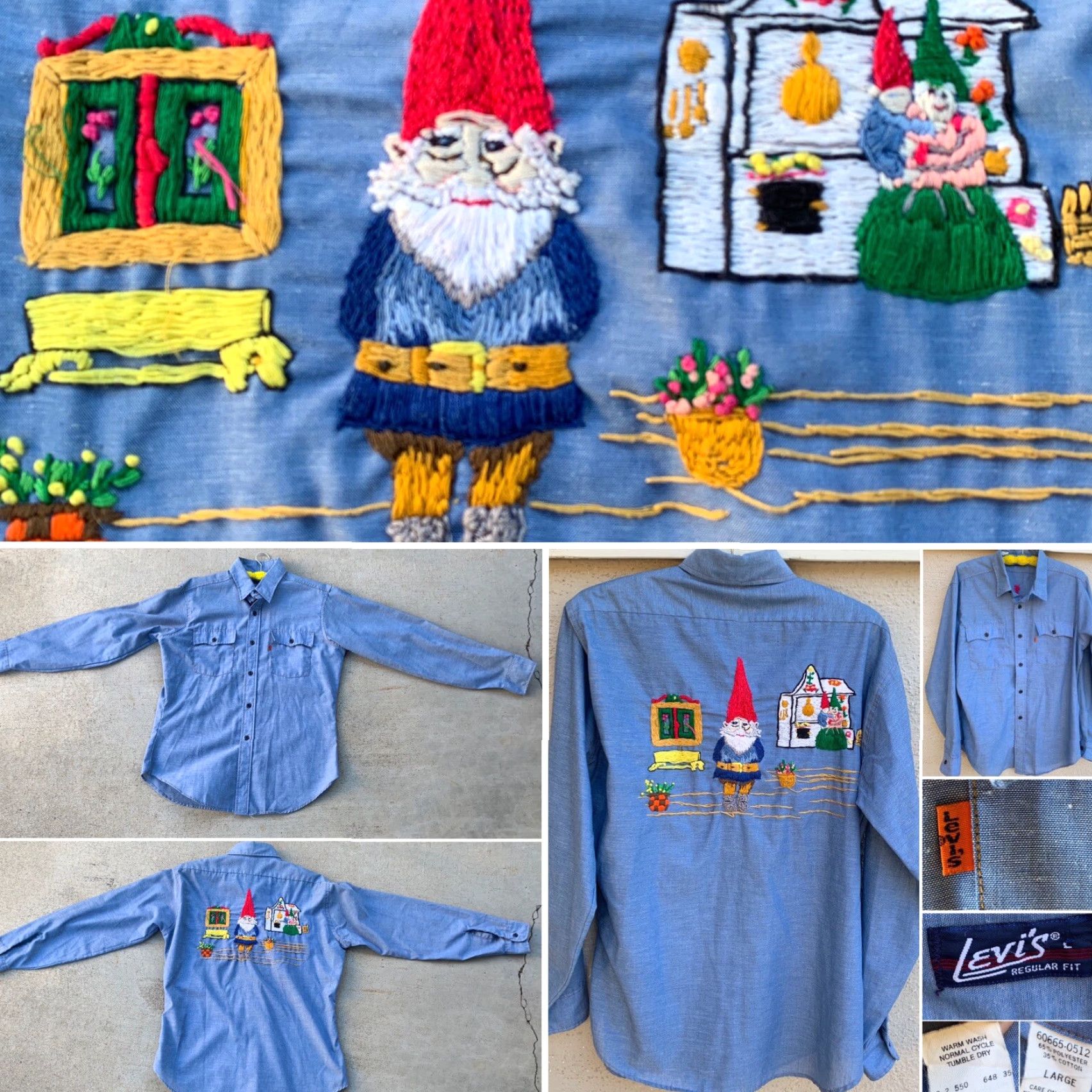 Vintage VINTAGE Levi’s Chambray Shirt Embroidered Gnome Gnomes Western Work Orange Tab L Shirt Men’s 1970s Blue PolyCotton Long Sleeve Slim Fit Casual Mens Size US L / EU 52-54 / 3 - 2 Thumbnail