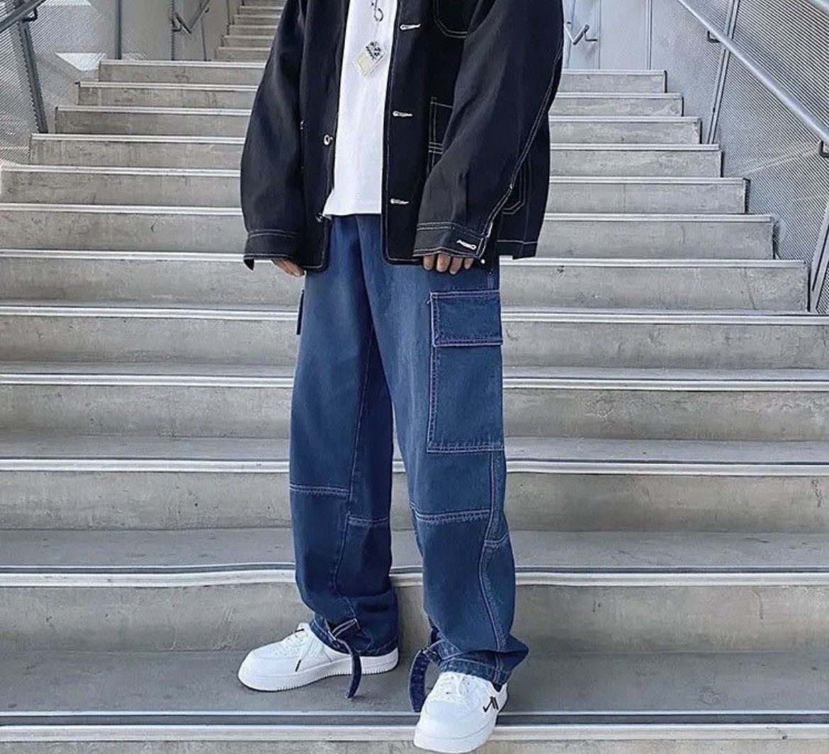 Jean Dark Blue Cargo jeans Wide Leg Denim Loose Straight Baggy Size US 31 - 2 Thumbnail
