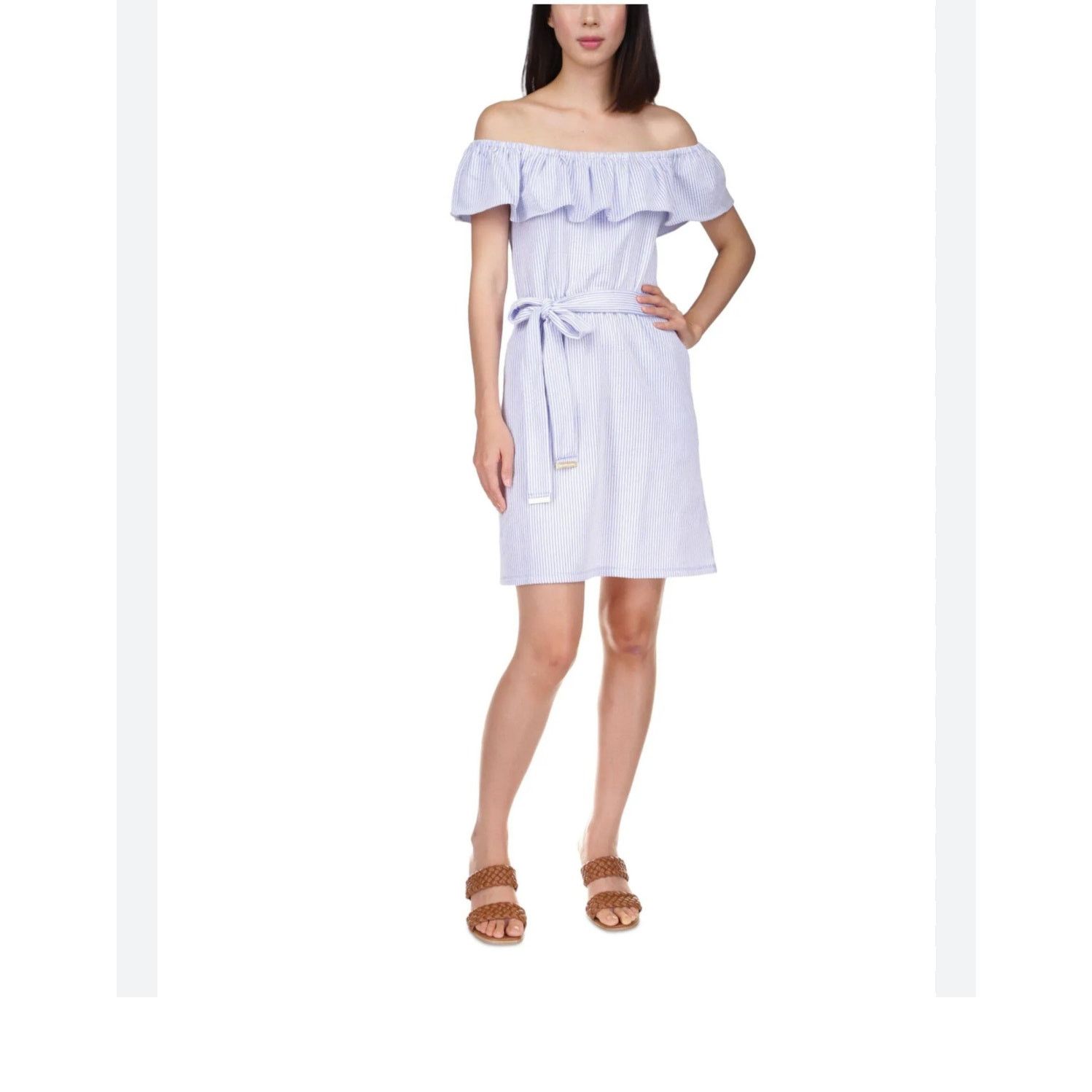 Michael Kors Michael Kors Women's Blue/White Striped Off Shoulder Dress S Size S / US 4 / IT 40 - 1 Thumbnail