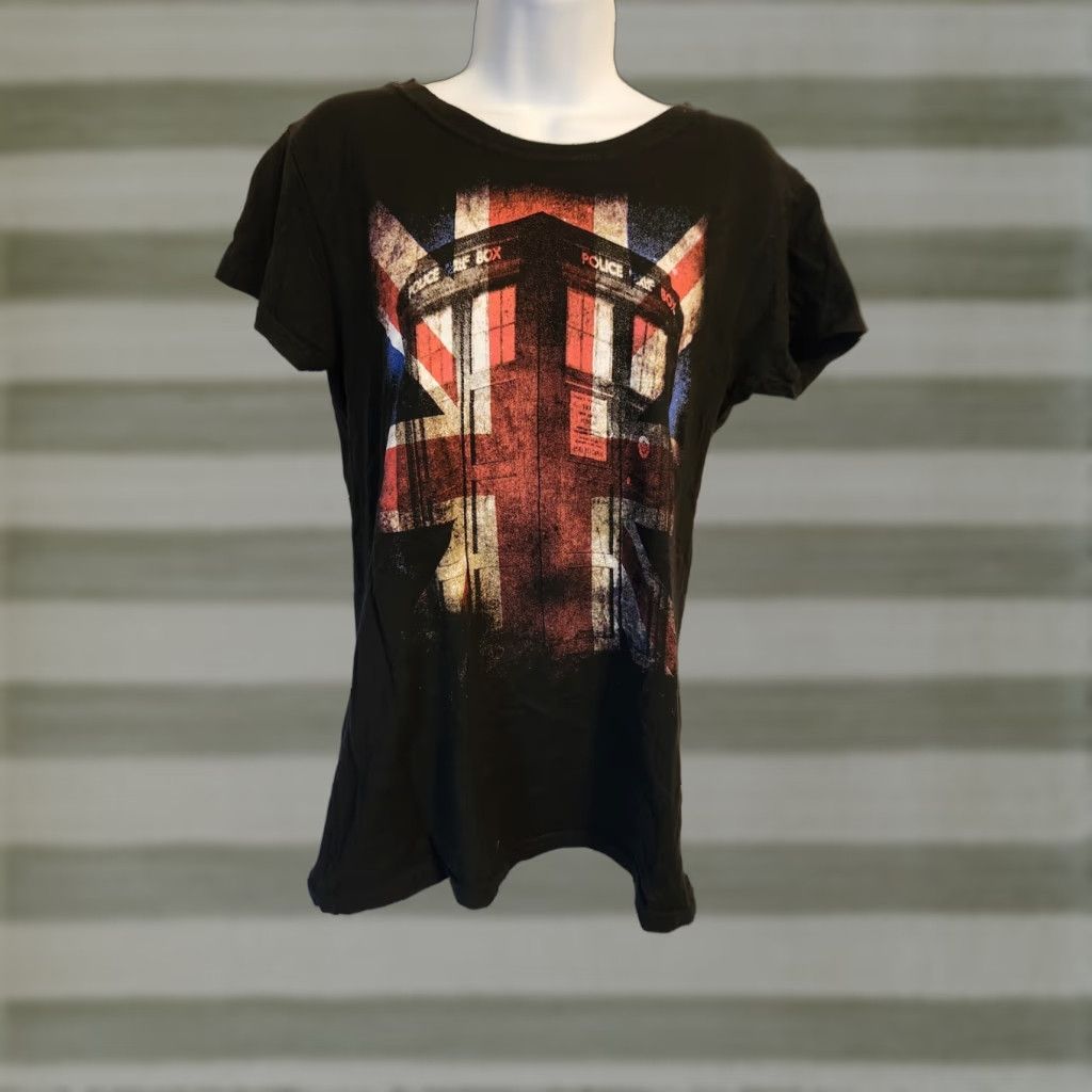 Ripple Junction VINTAGE DR. WHO Tardis British Flag T-Shirt Ripple Junction Womens Large Black Crew Neck Short Sleeve Cap Sleeve 100% Cotton T-Shirt Size L / US 10 / IT 46 - 1 Thumbnail