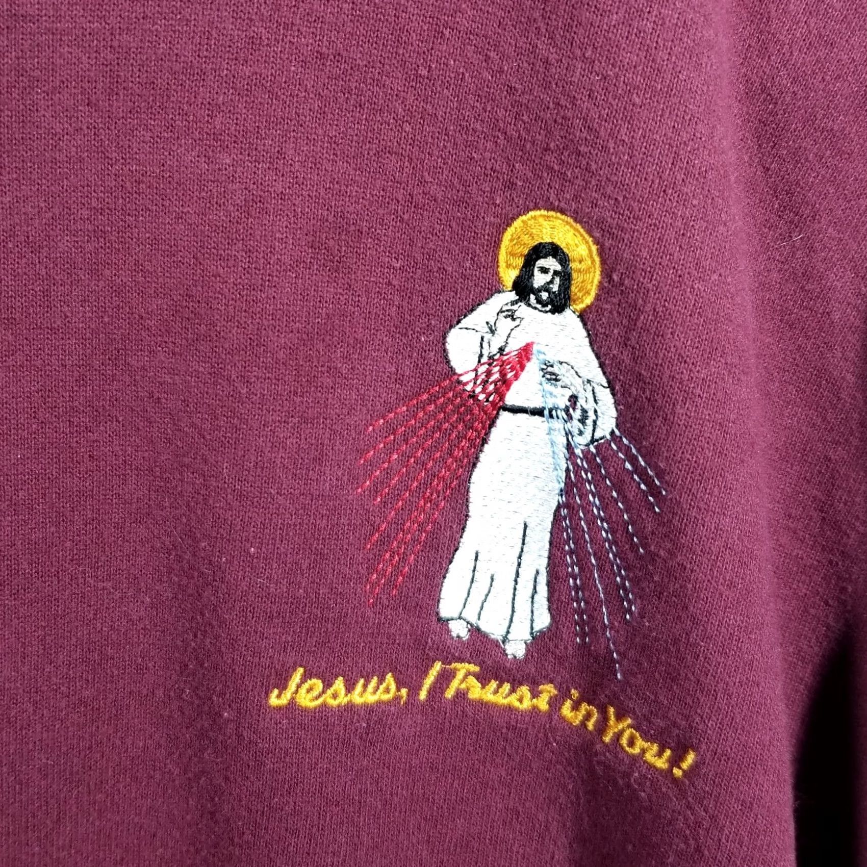 Fruit Of The Loom Vintage Jesus I Trust in You Crewneck Sweatshirt Medium Maroon 1990s Cotton Blend Mens Womens Boys Girls (adjust as applicable) Size US M / EU 48-50 / 2 - 2 Thumbnail