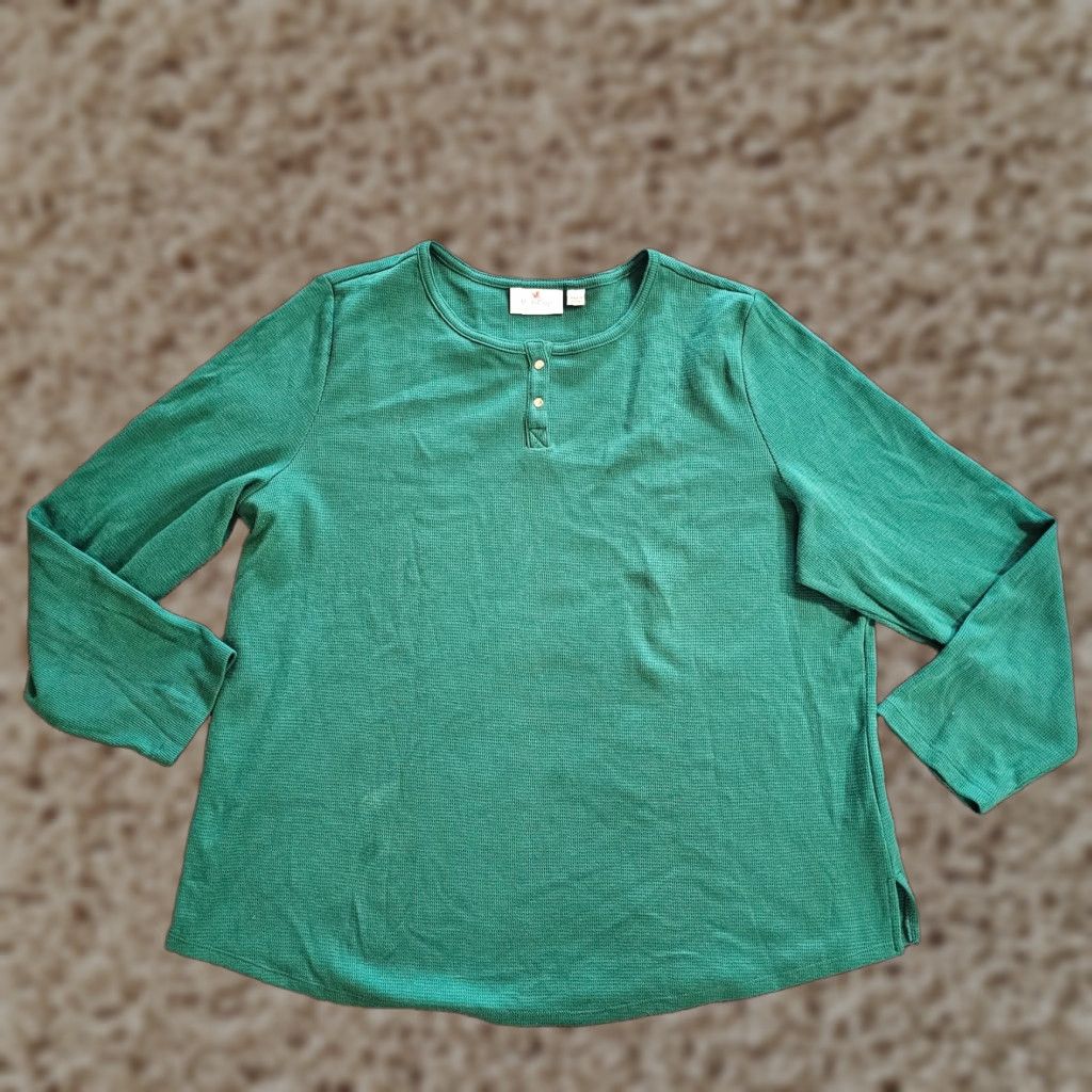 Quacker Factory Quacker Factory Shirt Women XL Green Henley Thermal Rhinestone Button Casual Size XL / US 12-14 / IT 48-50 - 1 Thumbnail