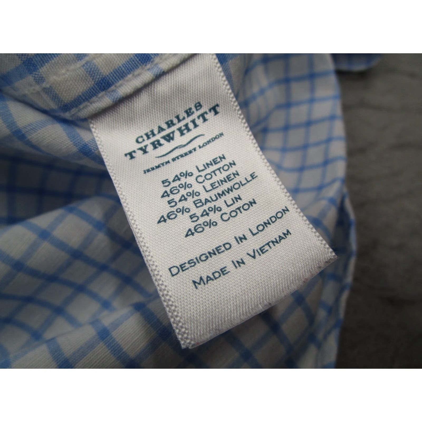 Charles Tyrwhitt Charles Tyrwhitt Dress Shirt Mens Slim Blue Check Long Sleeve Linen Blend Button Up Work Size 34R - 4 Thumbnail