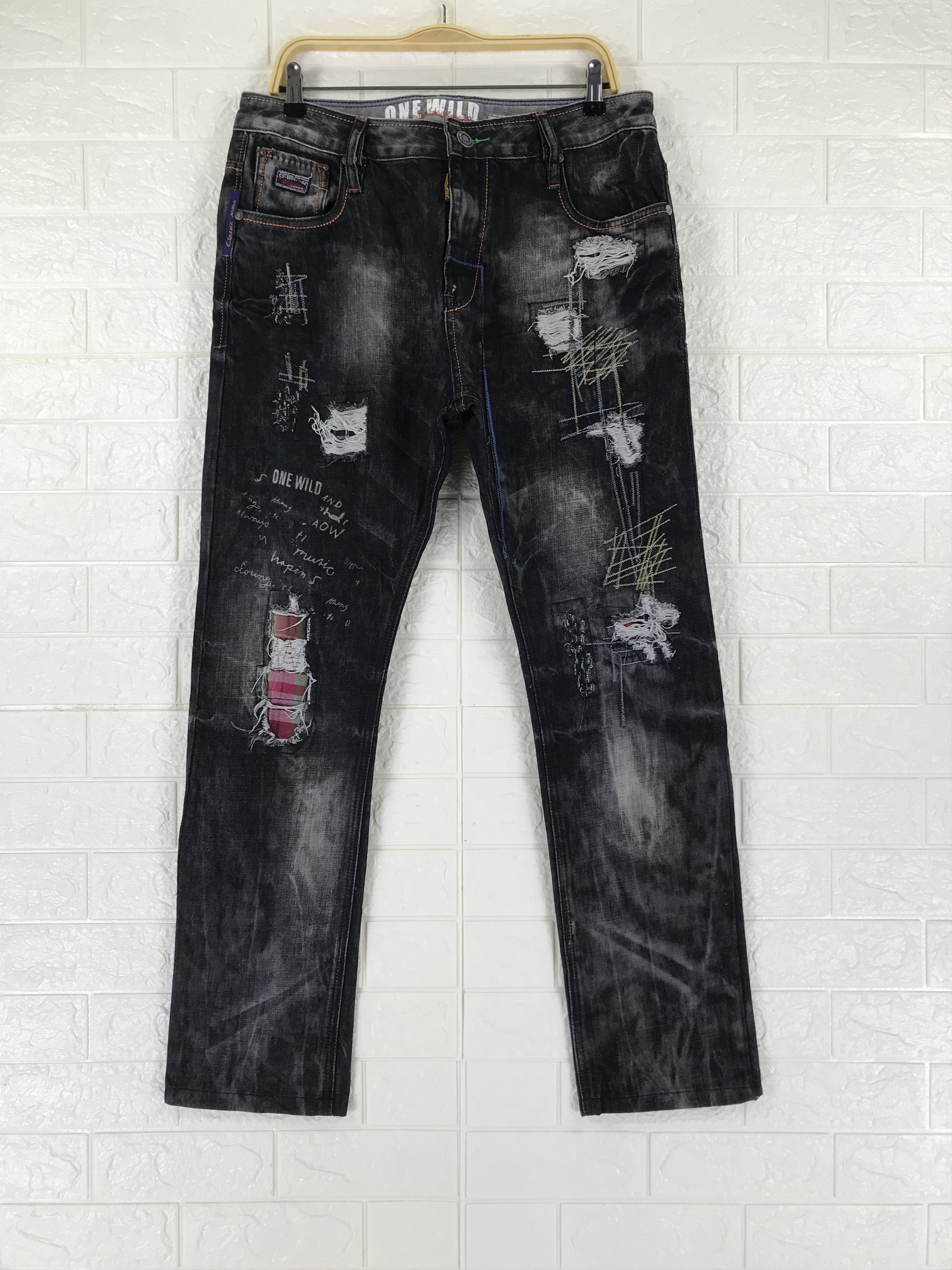 Japanese Brand Classic Jeans Faded Black Distressed Design Denim Size US 35 - 1 Thumbnail