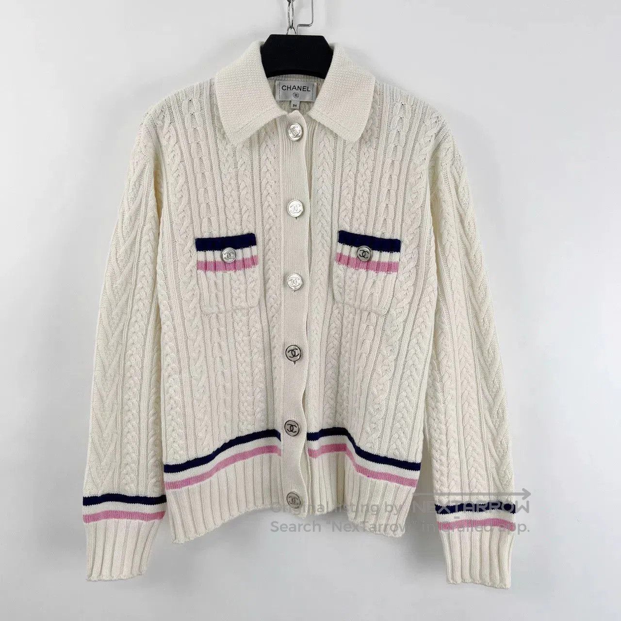 Chanel Cream Striped Enamel Button Cardigan.