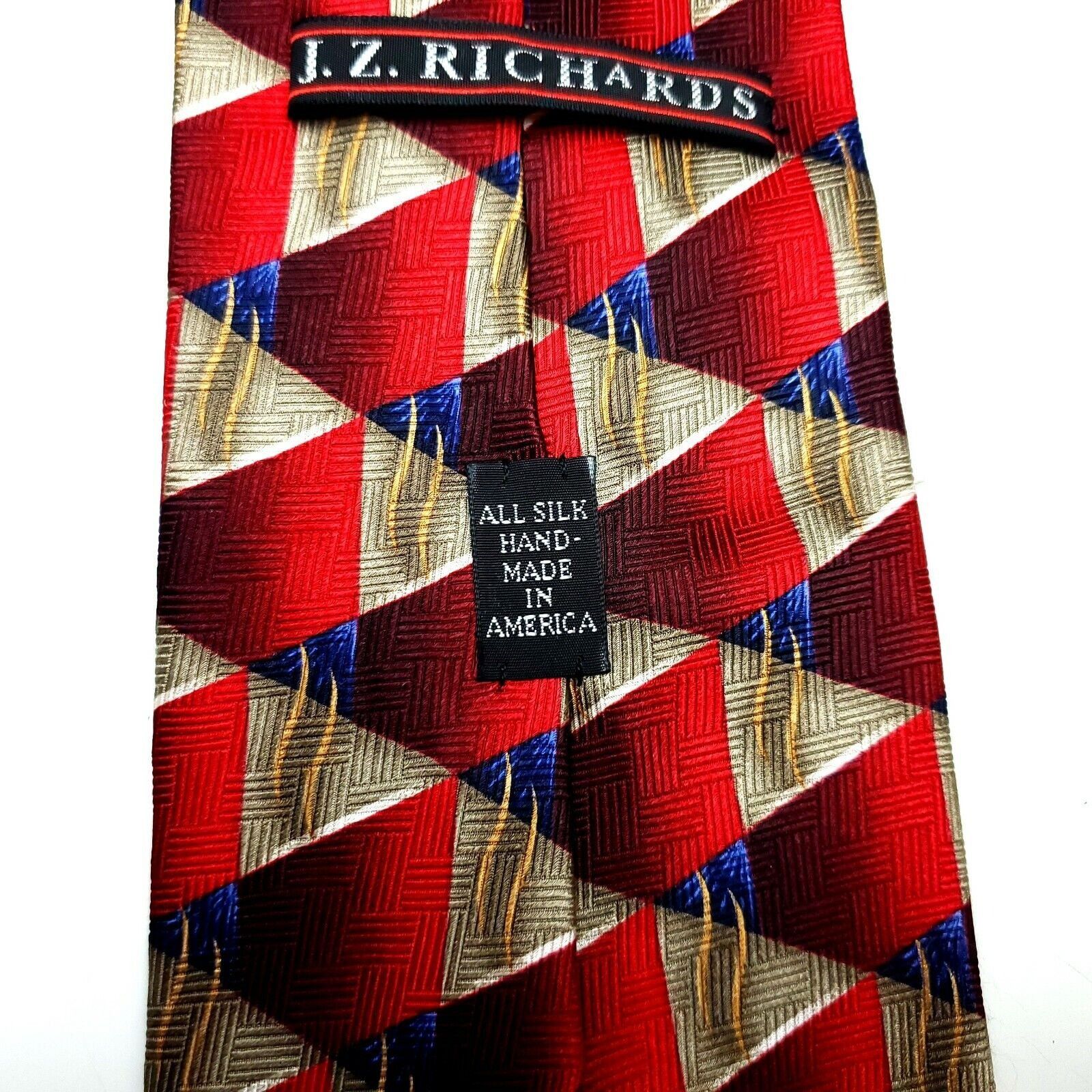 Designer JZ Richards Silk Tie Print Red Geometric Wide Hand Made Size ONE SIZE - 4 Thumbnail