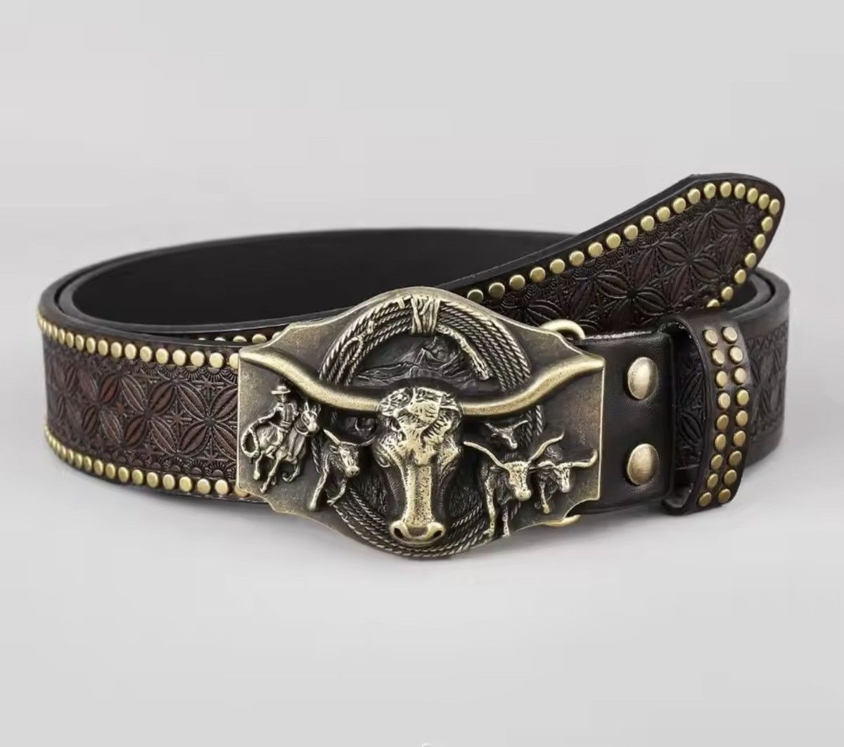 Japanese Brand 115 cm WESTERN GRUNGE Brown Embossed Faux Leather Belt Size ONE SIZE - 1 Thumbnail
