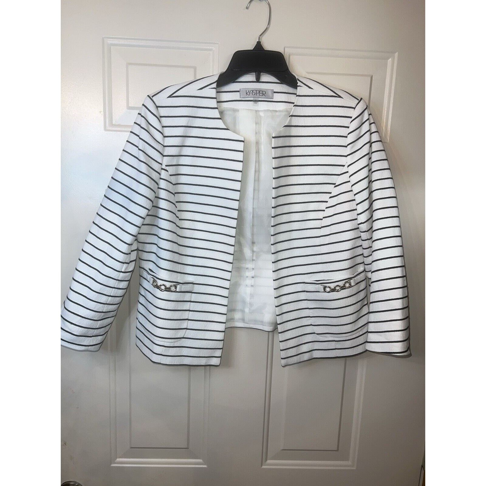 The Unbranded Brand Kasper Open-Front Blazer Jacket Women's Size 8 White Striped Size M / US 6-8 / IT 42-44 - 11 Thumbnail