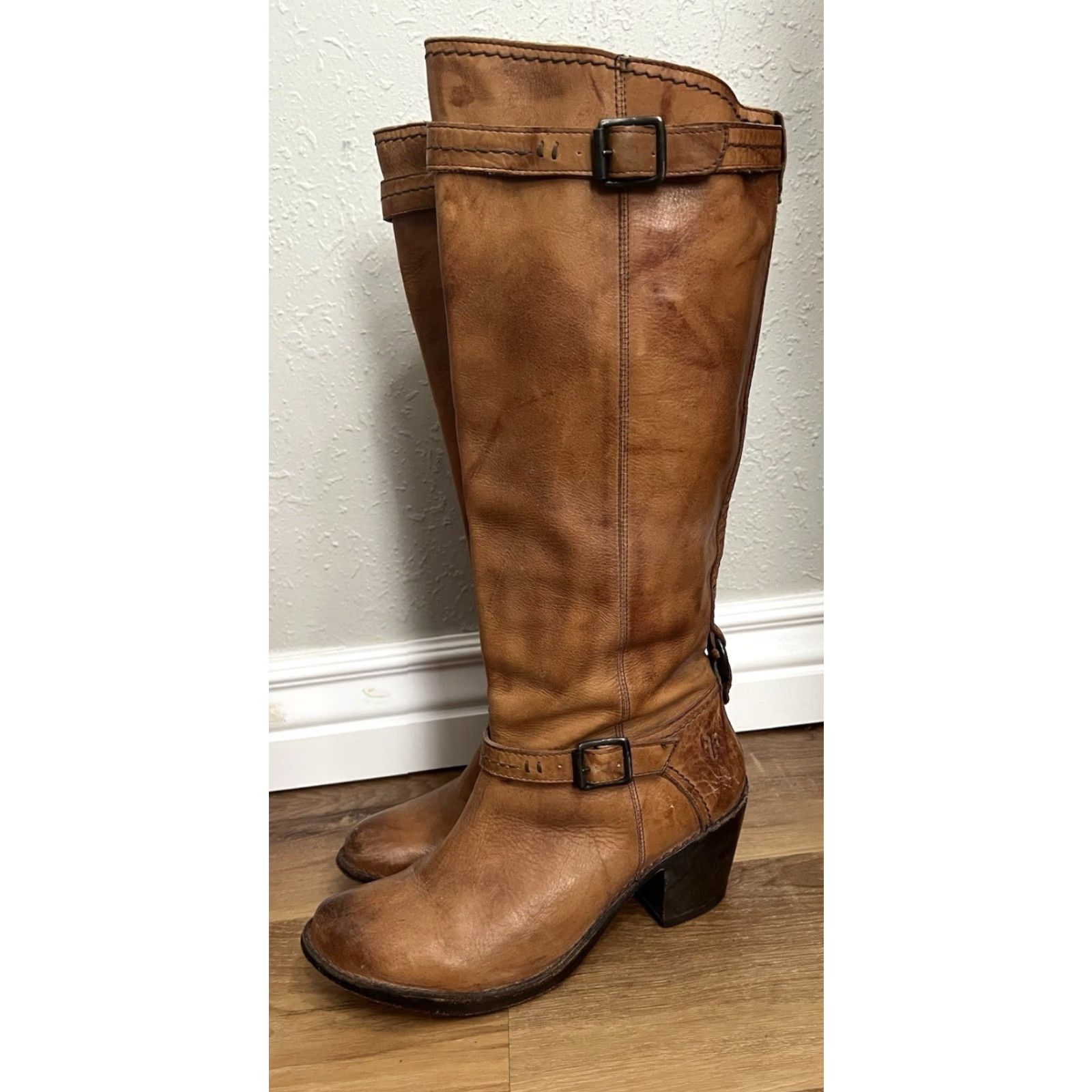 Frye FRYE Carmen Harness Tall Boot Leather Riding Biker Boots Womens 8 C Brown Leather Block Heel Knee High 2-3in Size US 8 / IT 38 - 2 Thumbnail