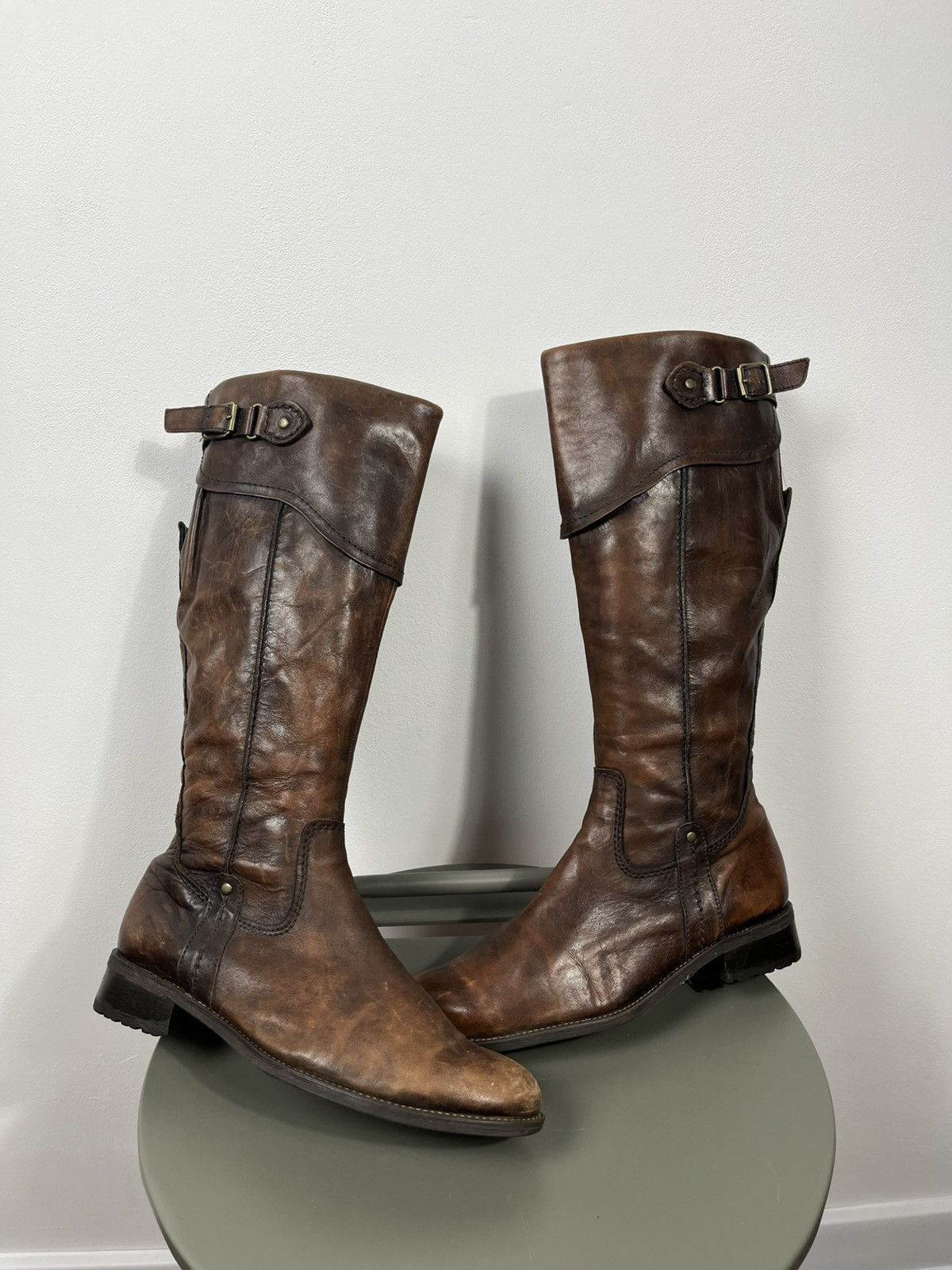 Leather Brown Leather Tall Boots Buckle Strap Zip Closure EU 39 Size US 8.5 / IT 38.5 - 1 Thumbnail