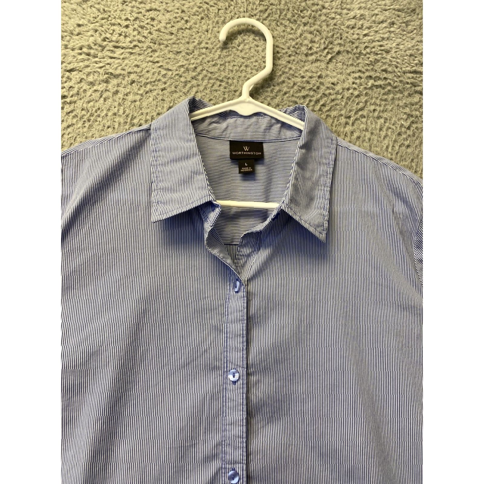 Worthington VINTAGE Worthington Women's Shirt Long Sleeve Cotton Pinstriped Blue White Large Regular Button-Up Fall Spring Winter Size L / US 10 / IT 46 - 3 Thumbnail