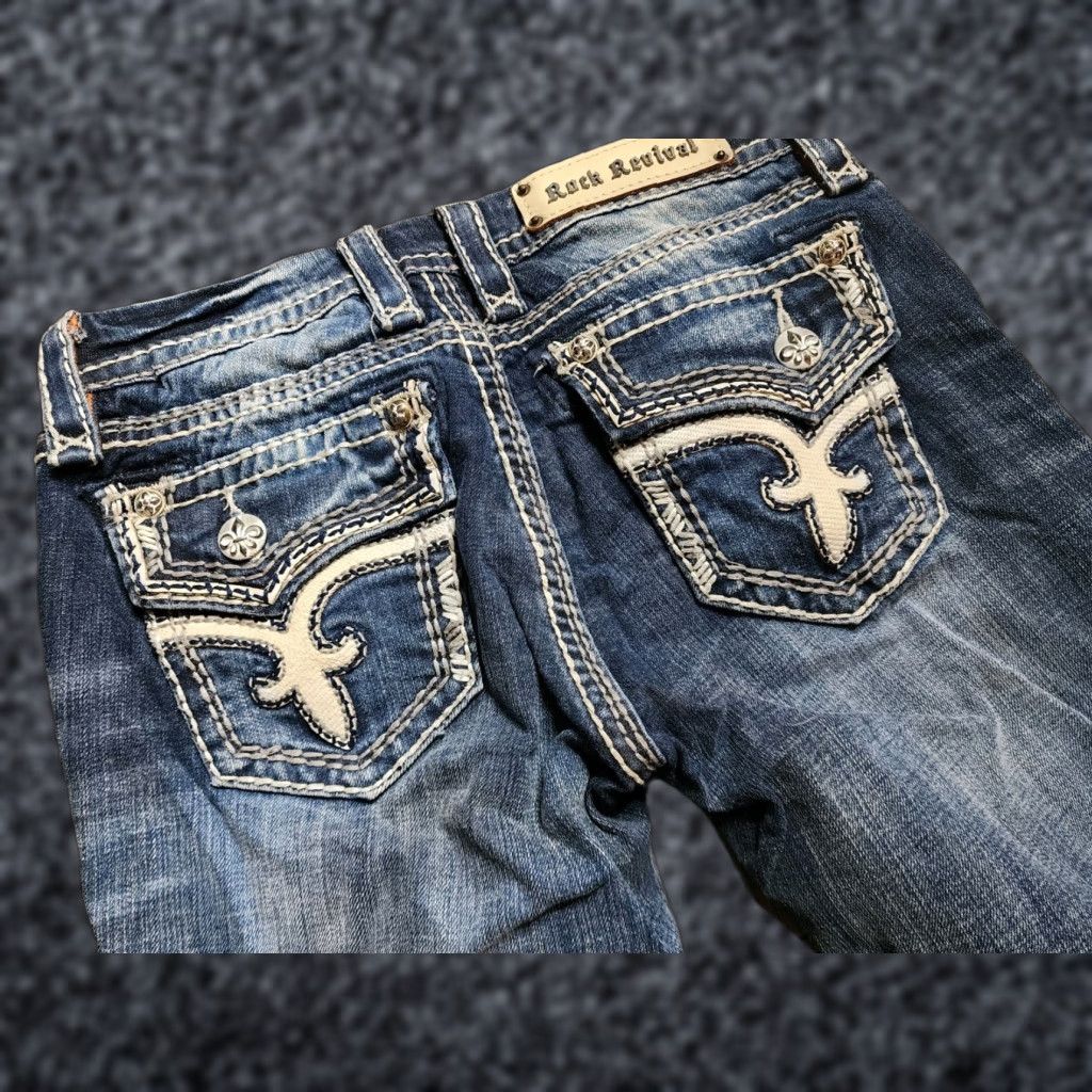 Vintage Rock Revival Kai Crop Jeans Womens 27 Blue Distressed Straight Leg Buckle Exclusive Size 27" / US 4 / IT 40 - 1 Thumbnail