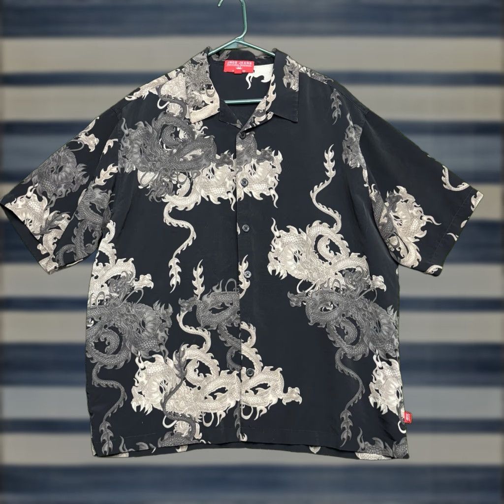 VINTAGE JNCO Shirt Mens XL Tribal Dragon Print Button Up Lightweight AOP black 90s Mens XL Shirt