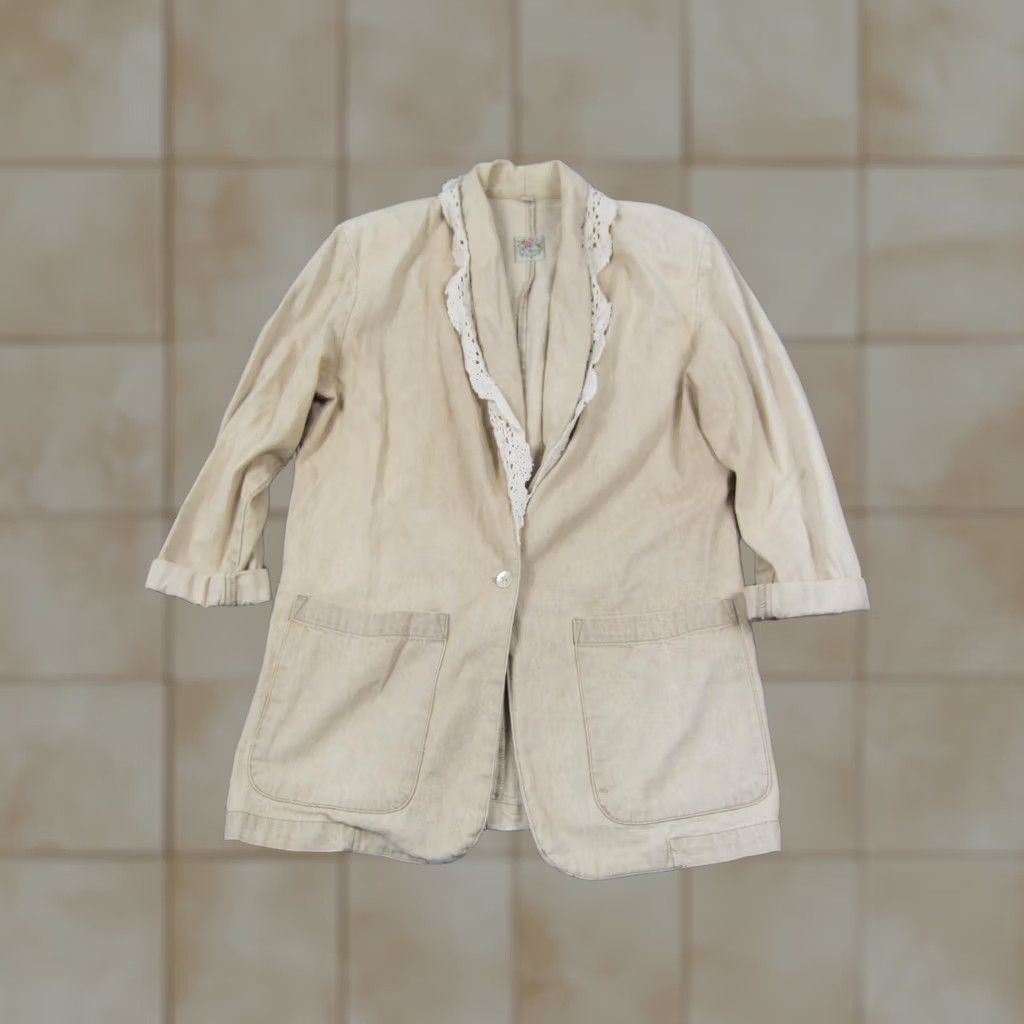 Cherokee VINTAGE Cherokee Blazer Jacket Womens M Creme Khaki Lace Trim Made in USA Size M / US 6-8 / IT 42-44 - 1 Thumbnail