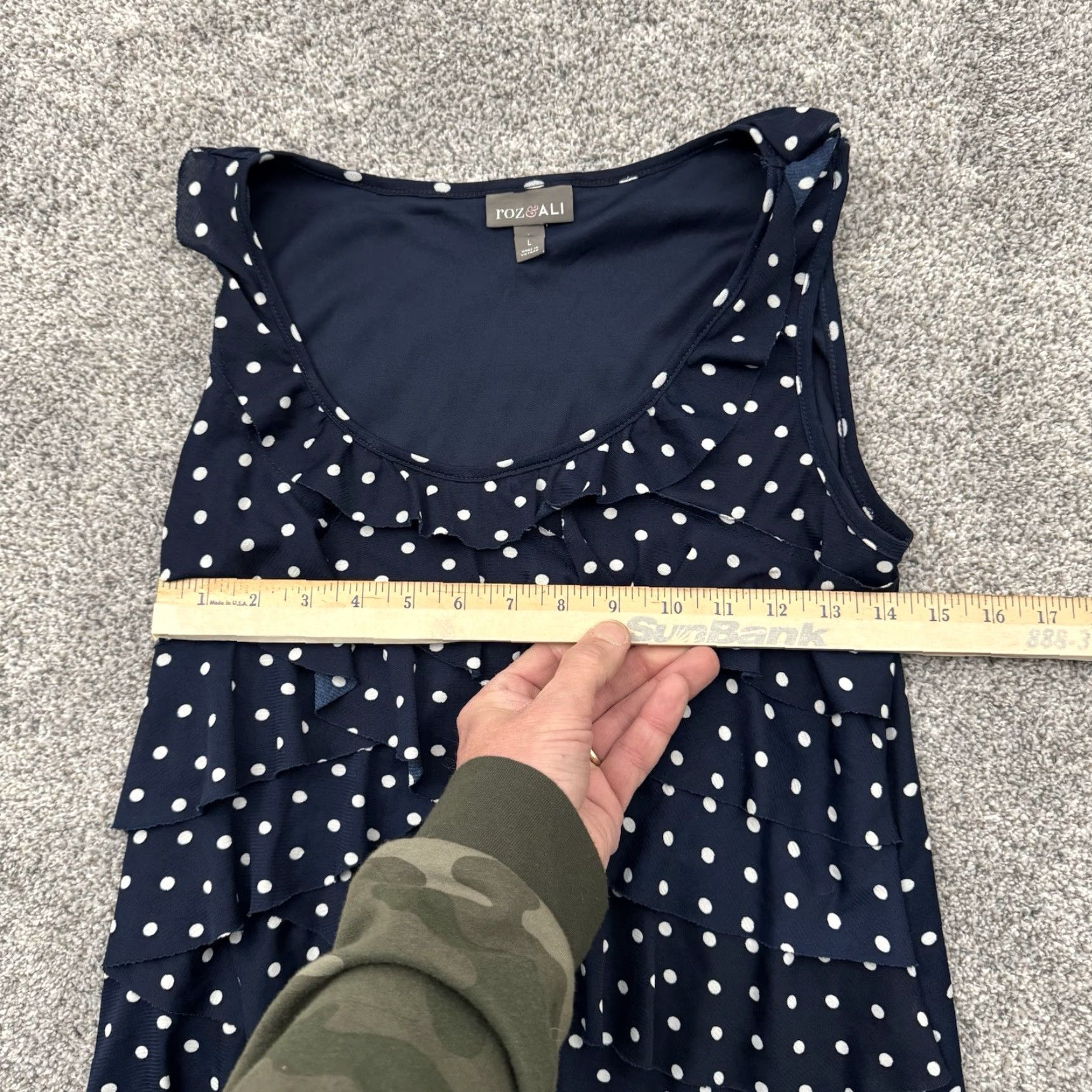 Vintage Roz & Ali Coquette Tank Top Womens Size L Ruffle Tiered Polka Dots Casual Sleeveless Blue Polyester Tank Top Size L / US 10 / IT 46 - 3 Thumbnail