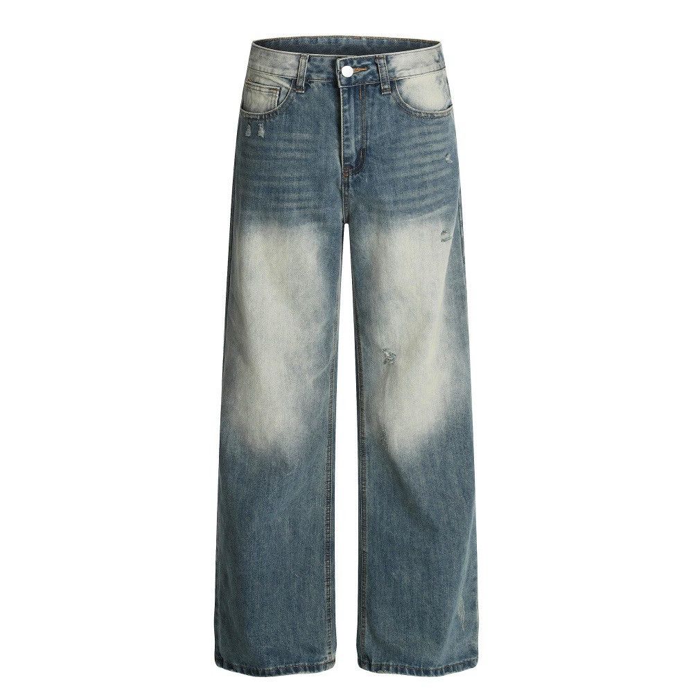Men's punk distressed gradient washed straight jeans