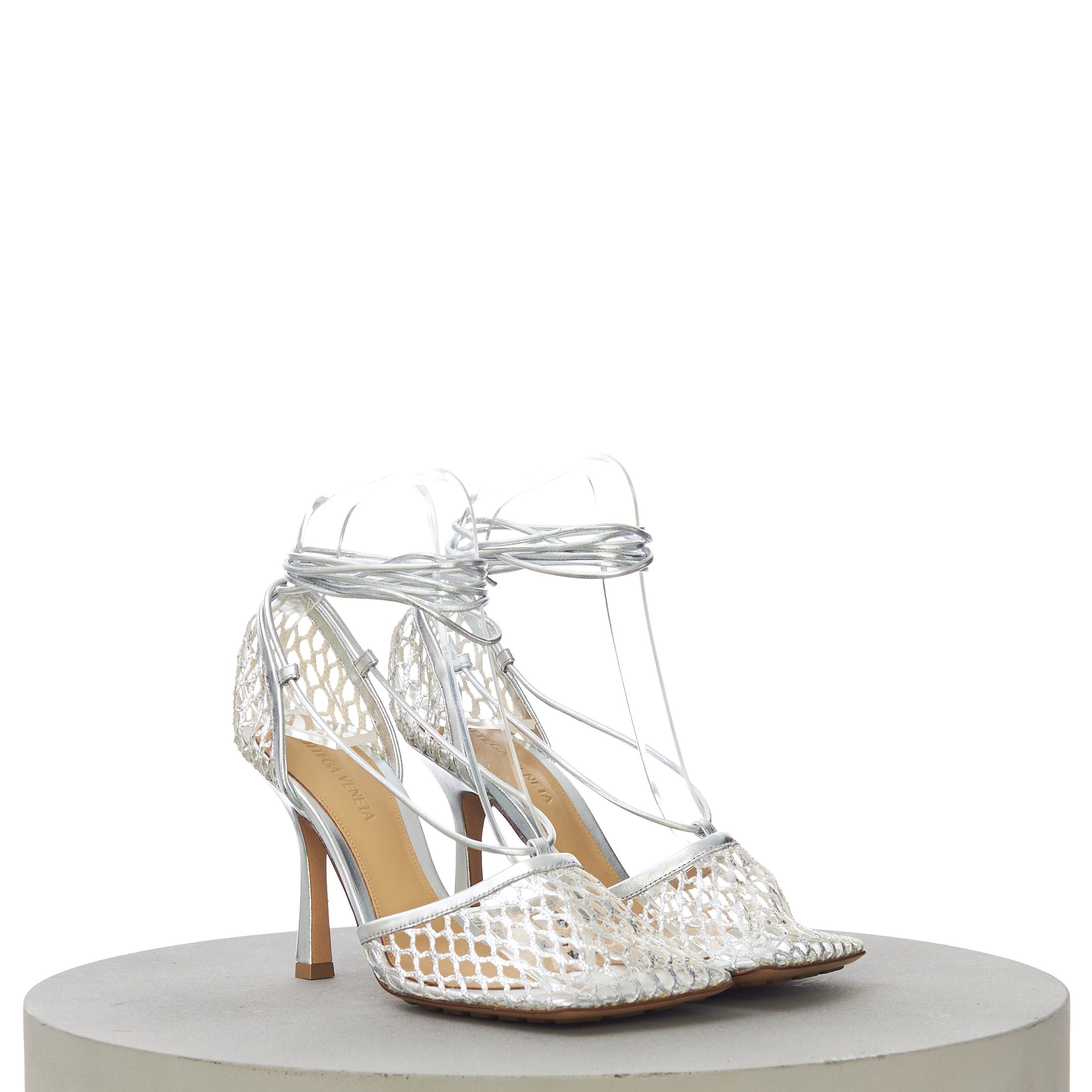 Bottega Veneta Women's Stretch Sandals In Silver Metallized Mesh & Leather Size US 7.5 / IT 37.5 - 1 Thumbnail