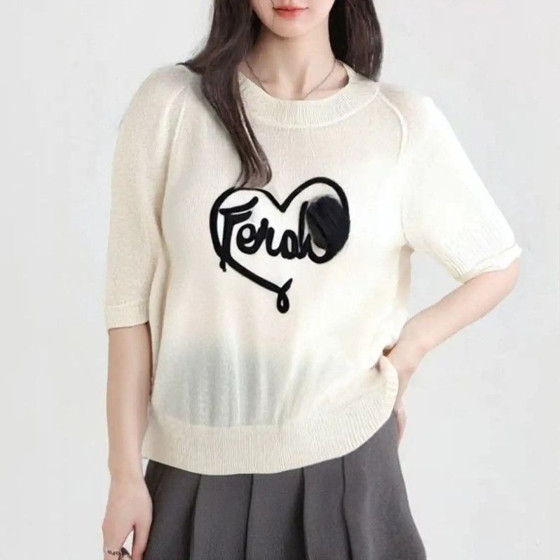 Fendi White Cashmere Logo Short Sleeve Knit Top 0089