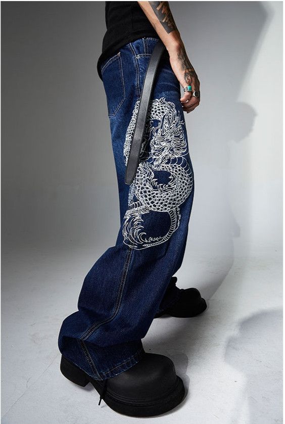 Japanese Brand Embroidered Dragon Totem Baggy Jeans Size US 33 - 3 Thumbnail