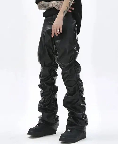 Leather Loose Ruched Casual Pu Leather Pants Streetwear Punk Rock Size US 32 / EU 48 - 2 Thumbnail
