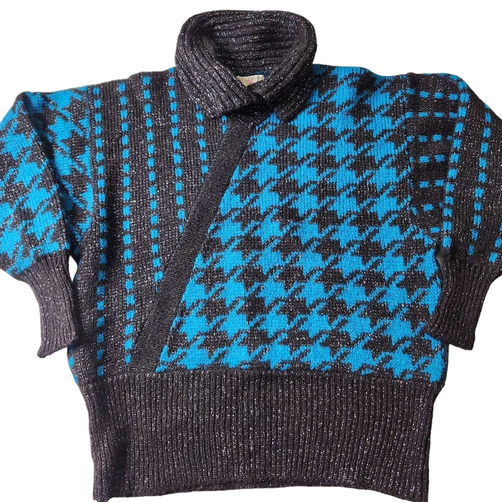Jaeger VINTAGE Jaeger London Ski Sweater Womens Teal Houndstooth Mohair Blend 90s Cowl Neck Pullover Size L / US 10 / IT 46 - 2 Thumbnail
