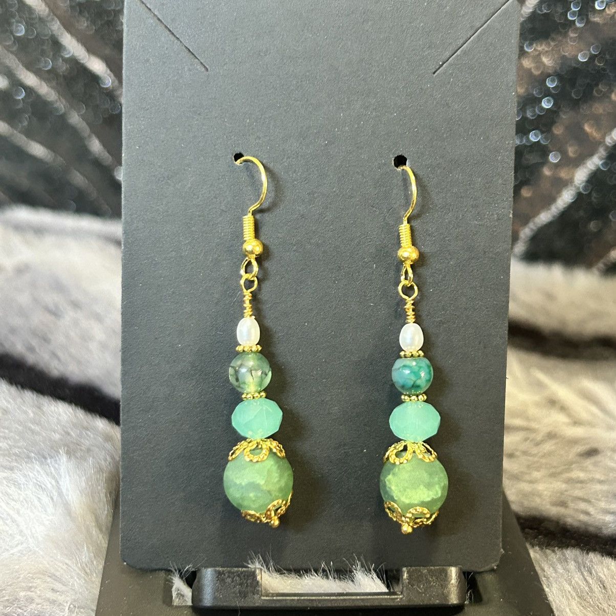 Handmade Handcrafted green crackle glass dragon vein agate earrings Size ONE SIZE - 2 Thumbnail