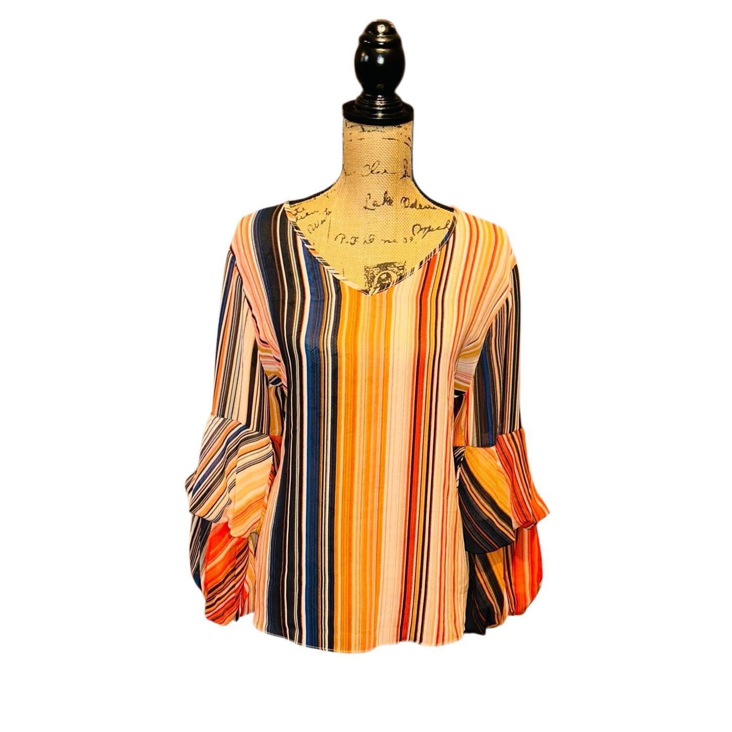 Other NWT Cato Womens Stripe Blouse Bell Sleeve Retro Multicolor S Size L / US 10 / IT 46 - 1 Thumbnail