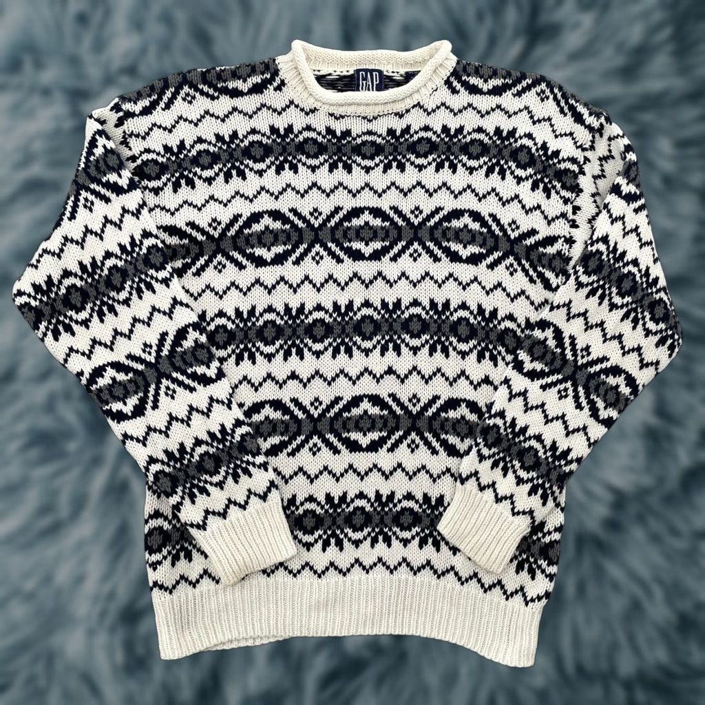 Gap VINTAGE Gap Chunky-Knit Sweater Adult Medium Blue Geometric Fair Isle 90s Mens Size US M / EU 48-50 / 2 - 1 Thumbnail