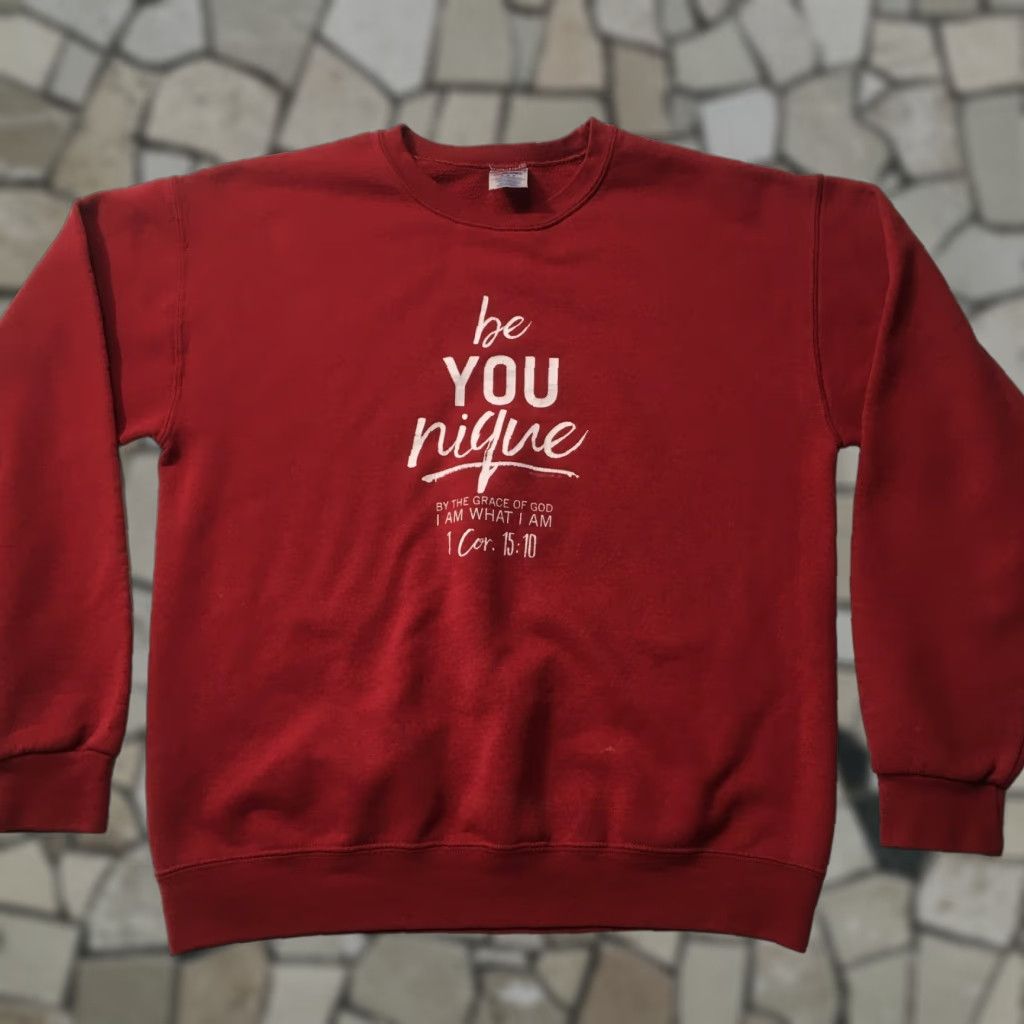 Jerzees VINTAGE Jerzees Sweatshirt 90s Long Sleeve Crew Bible Verse 1 Cor. 15:10 God Burgundy Men M Size US M / EU 48-50 / 2 - 1 Thumbnail