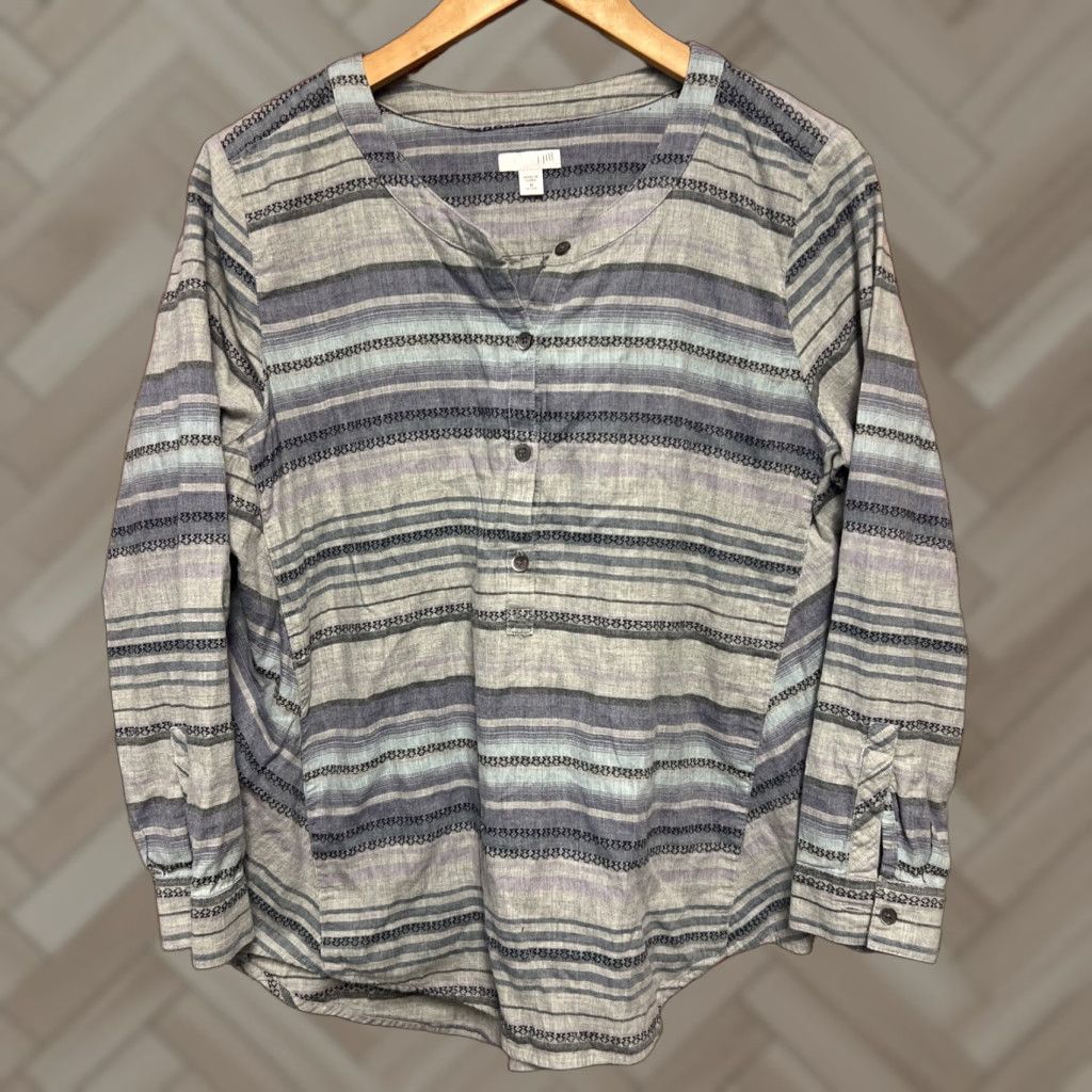 J. Jill J. Jill Tunic Women V-Neck Striped Cotton Long Sleeve Grey PM Petite Top Size M / US 6-8 / IT 42-44 - 1 Thumbnail