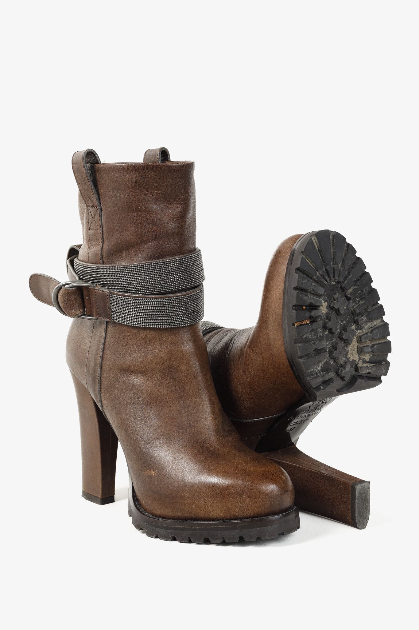 Brunello Cucinelli Brunello Cucinelli Brown Monili Trimmed Leather Lug Boots Size US 6.5 / IT 36.5 - 4 Thumbnail