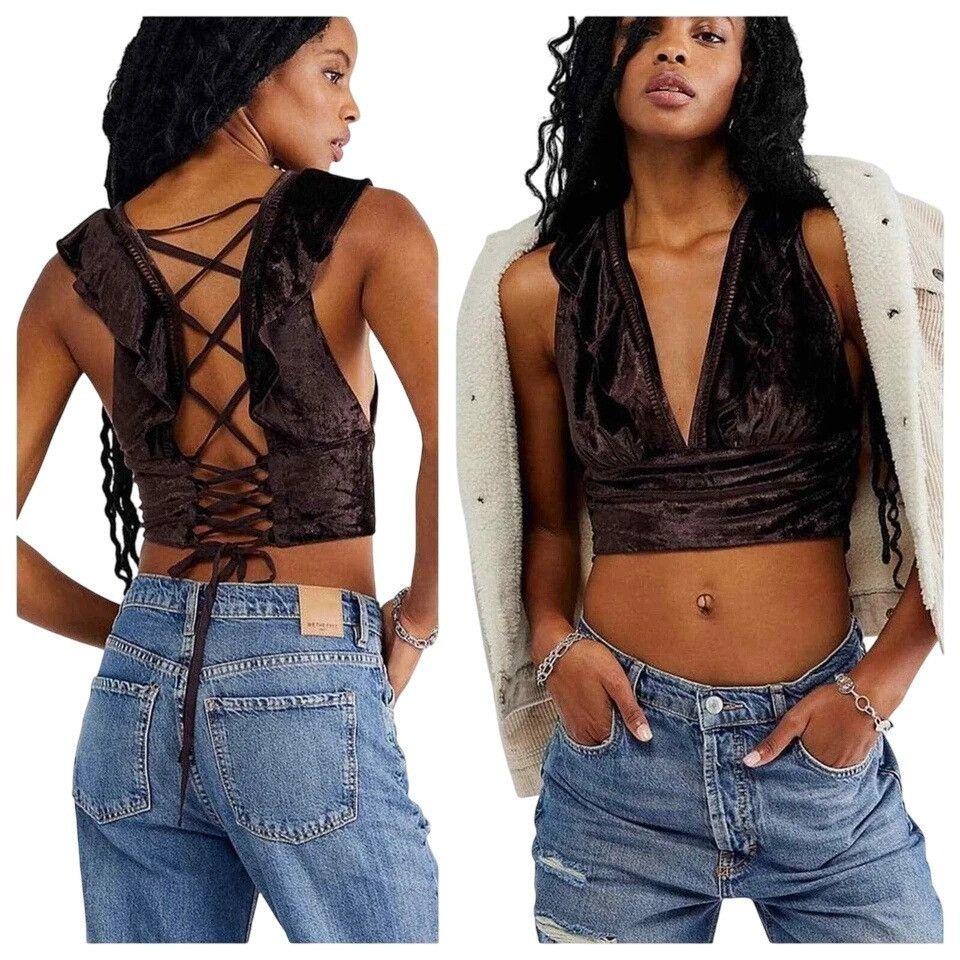 Free People Free People Velvet Lace-Up Crop Top Brown Plunge V-Neck Fest Size S / US 4 / IT 40 - 1 Thumbnail