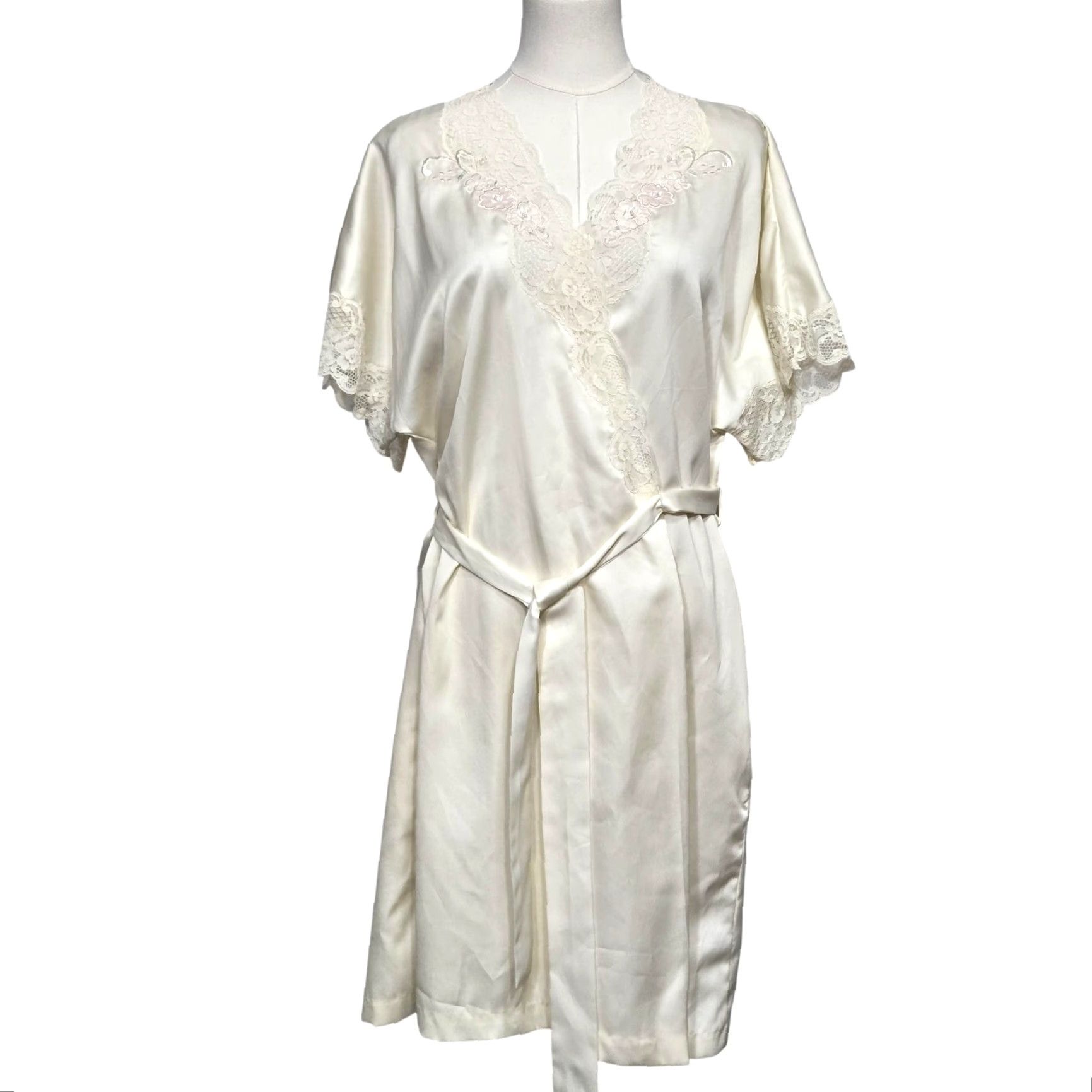 Vintage Sara Beth Robe Womens Medium Ivory Satin Lace Trim Floral Embroidered Belted Size ONE SIZE - 2 Thumbnail