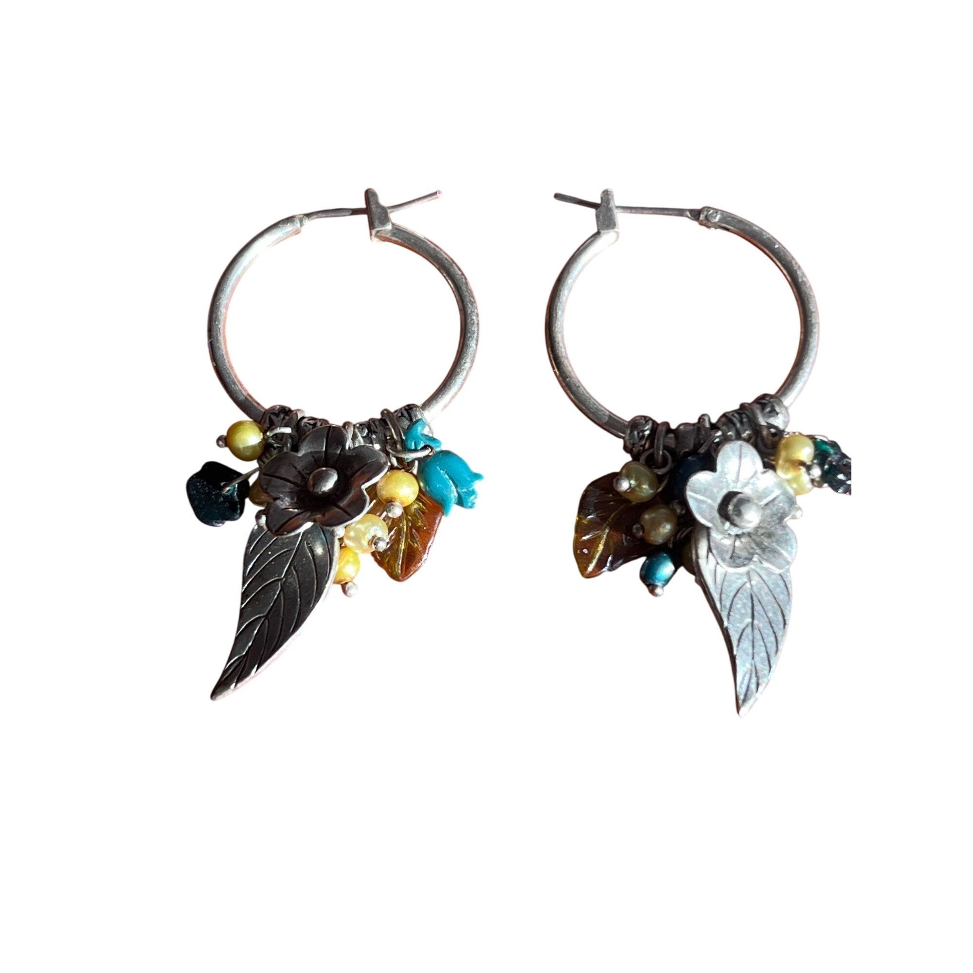 Other Vtg Sterling Silver Hoop Earrings Dangles Acrylic Flower Lea Size ONE SIZE - 1 Thumbnail