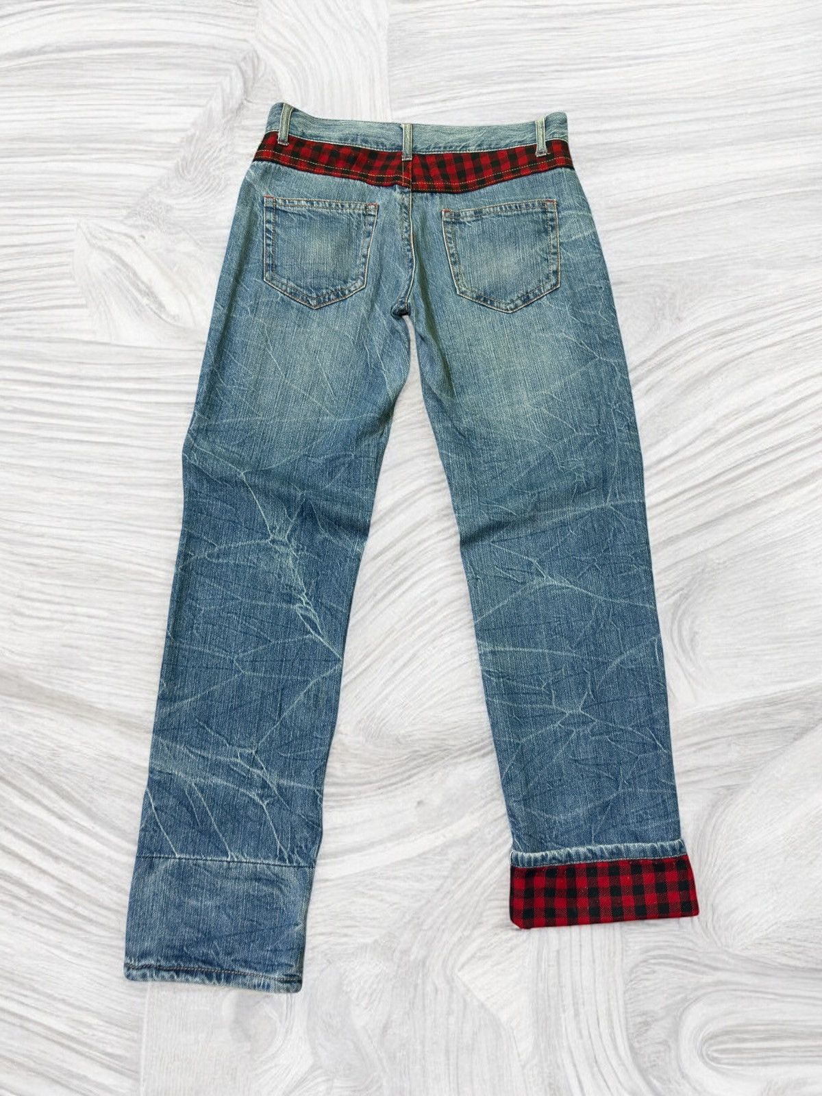 Japanese Brand Distressed Plaid Tartans Junya Watanabe Denim Jeans Size US 31 - 2 Thumbnail