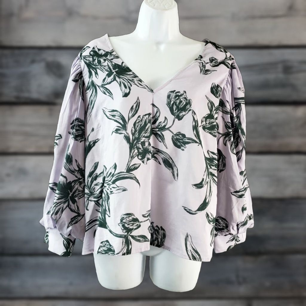 Vintage A New Day Womens Blouse Shirt XL Purple Floral Long Sleeve V-Neck Cotton Blend Size XL / US 12-14 / IT 48-50 - 1 Thumbnail